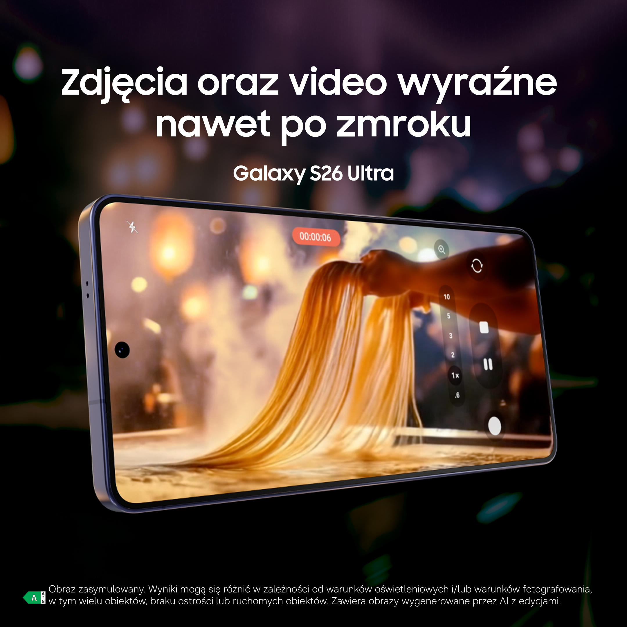 Smartfon wyświetla wideo ze złotym makaronem trzymanym przez rękę.