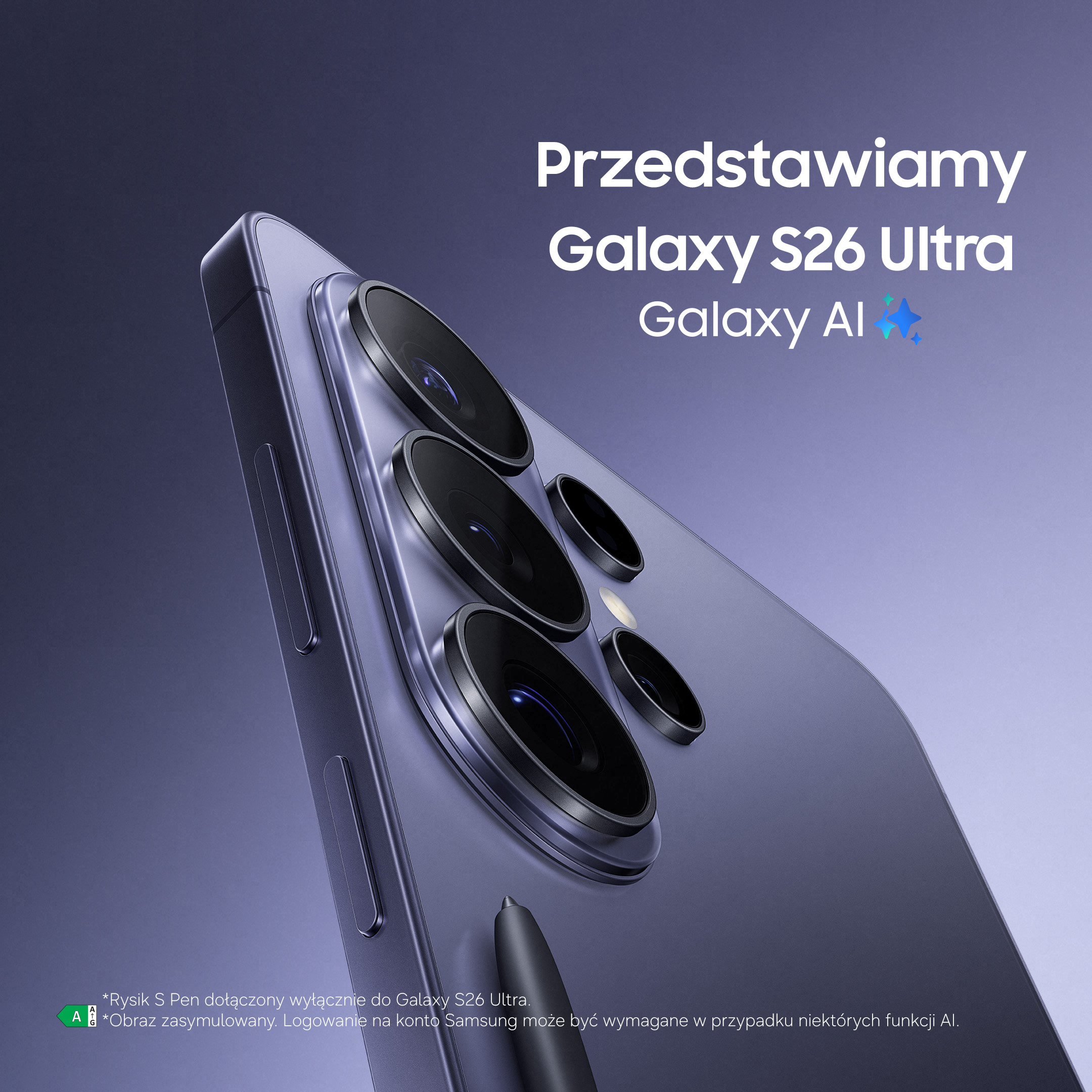 Fioletowy smartfon z wieloma aparatami i rysikiem. Tekst: Galaxy S26 Ultra.