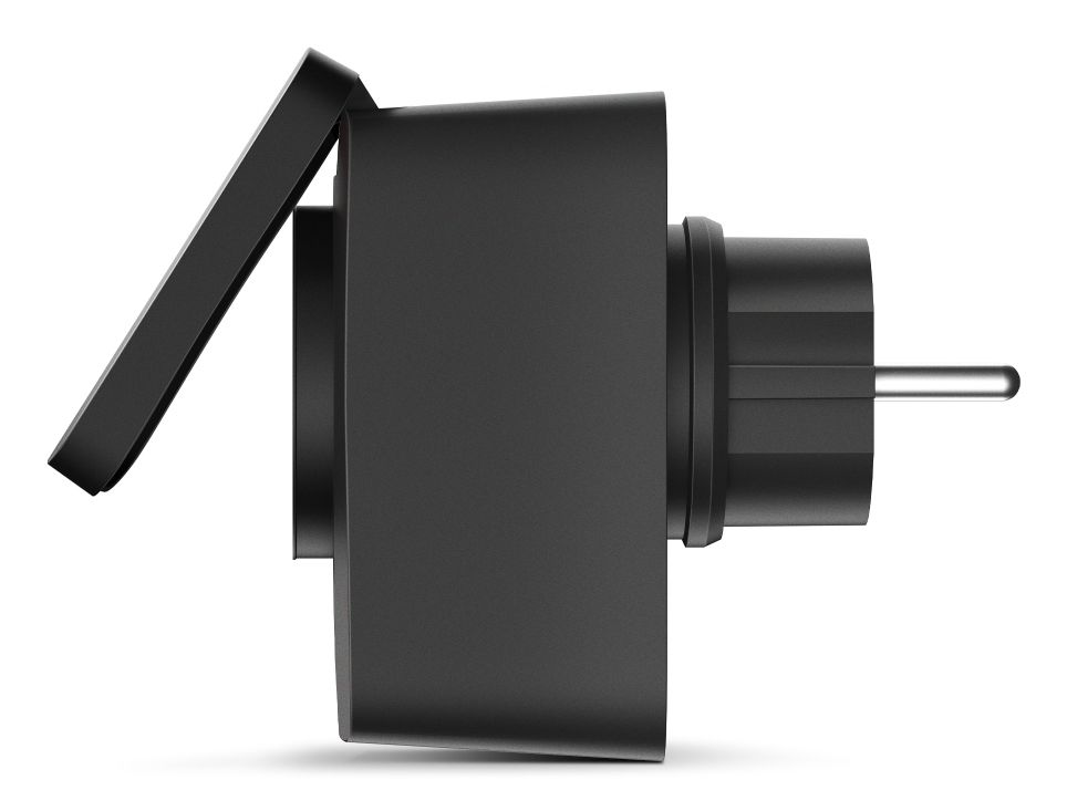 Adaptador de enchufe negro con tapa abierta y un pin de enchufe visible.