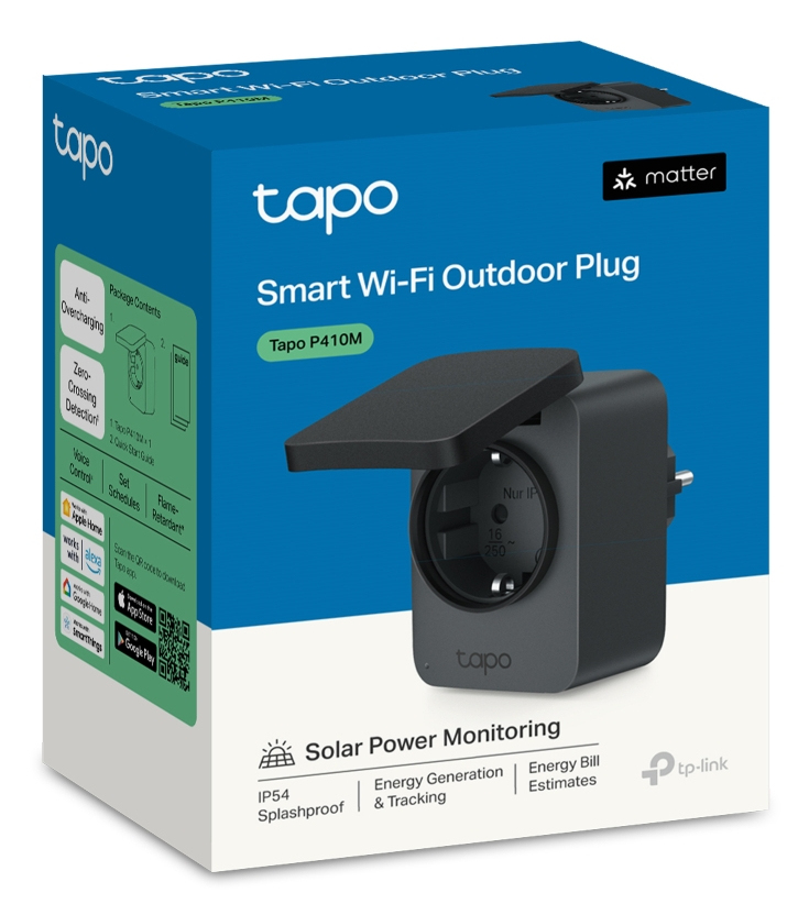 Embalaje de un enchufe exterior inteligente Wi-Fi Tapo con enchufe abierto.