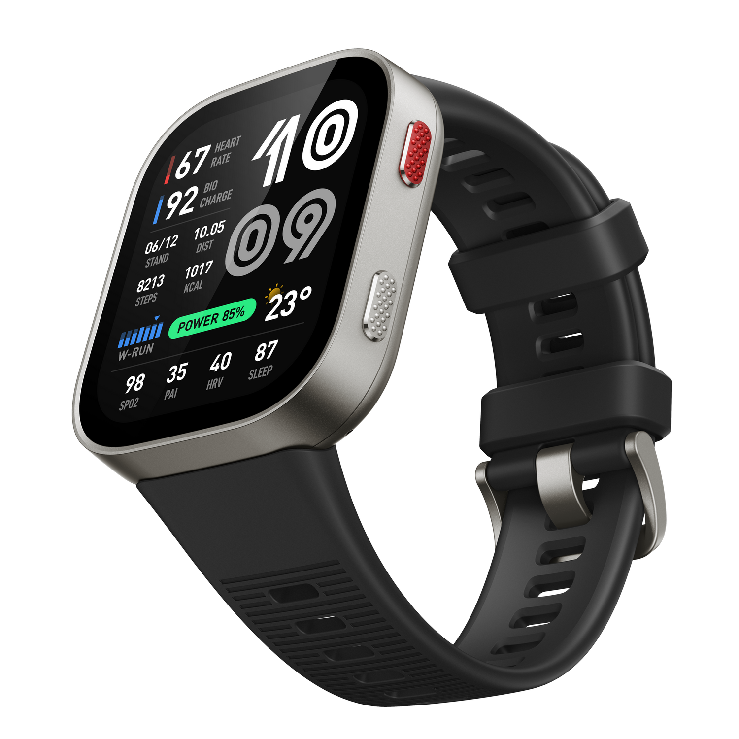 Reloj inteligente gris con banda negra que muestra frecuencia cardíaca, pasos, calorías y clima.