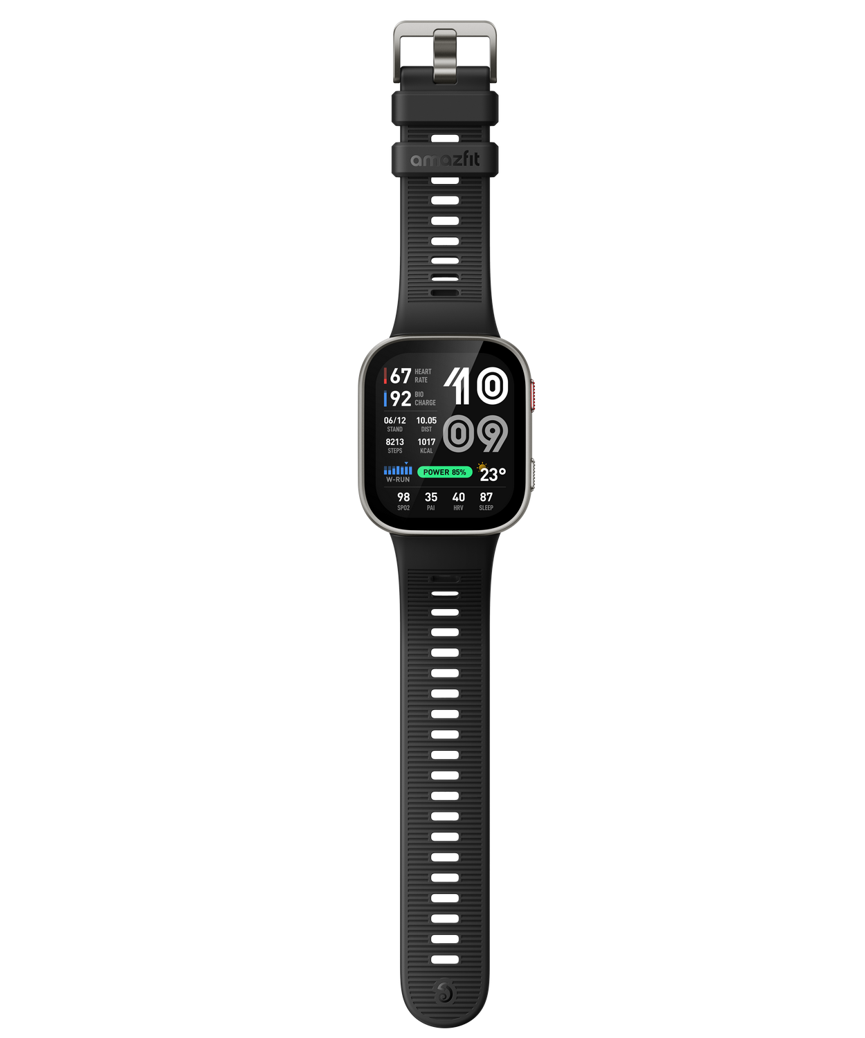 Un smartwatch Amazfit negro muestra datos de salud: frecuencia cardíaca 167, pasos 8213, energía 85%, temp 23°C.