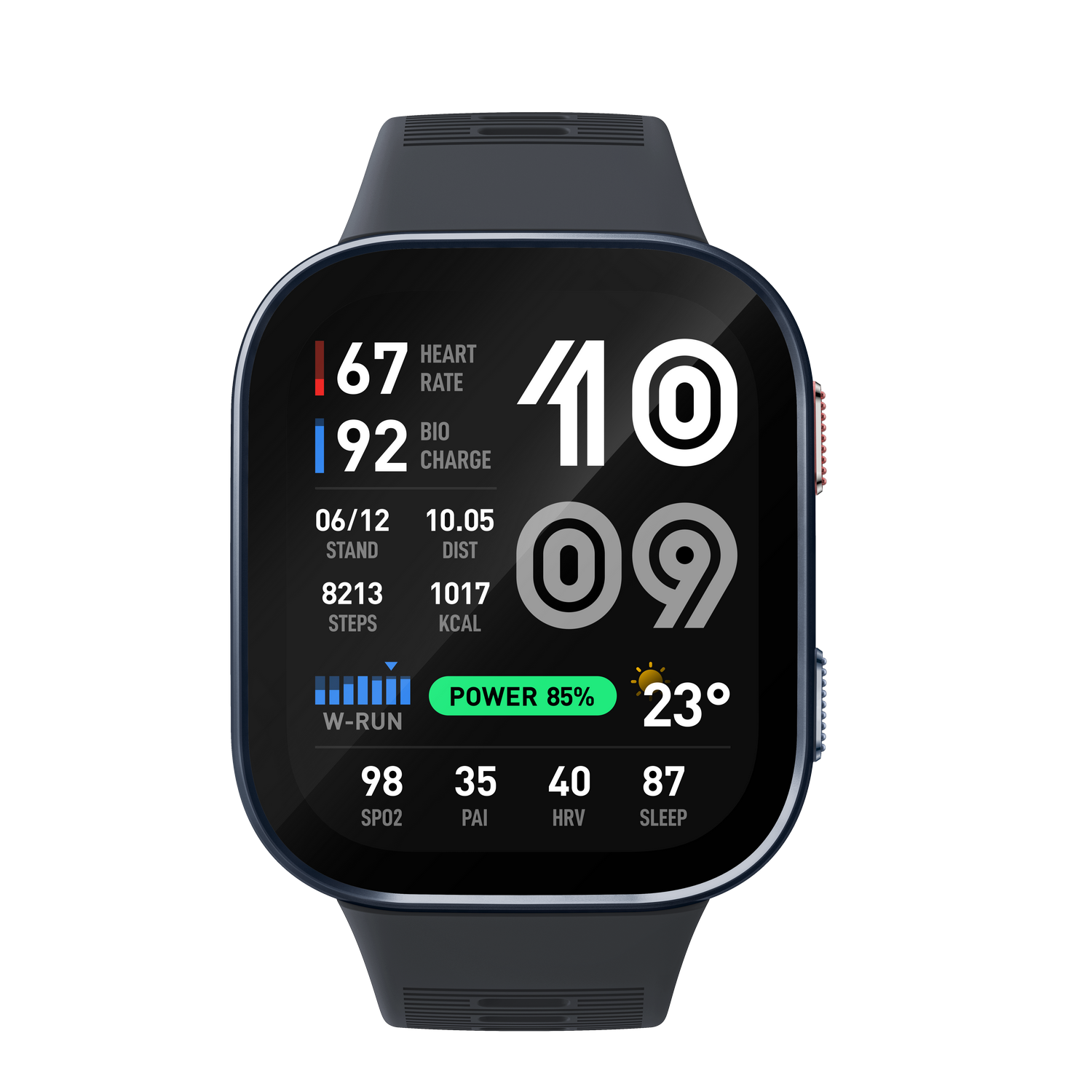 Pantalla de smartwatch muestra frecuencia cardíaca, pasos, calorías, clima.