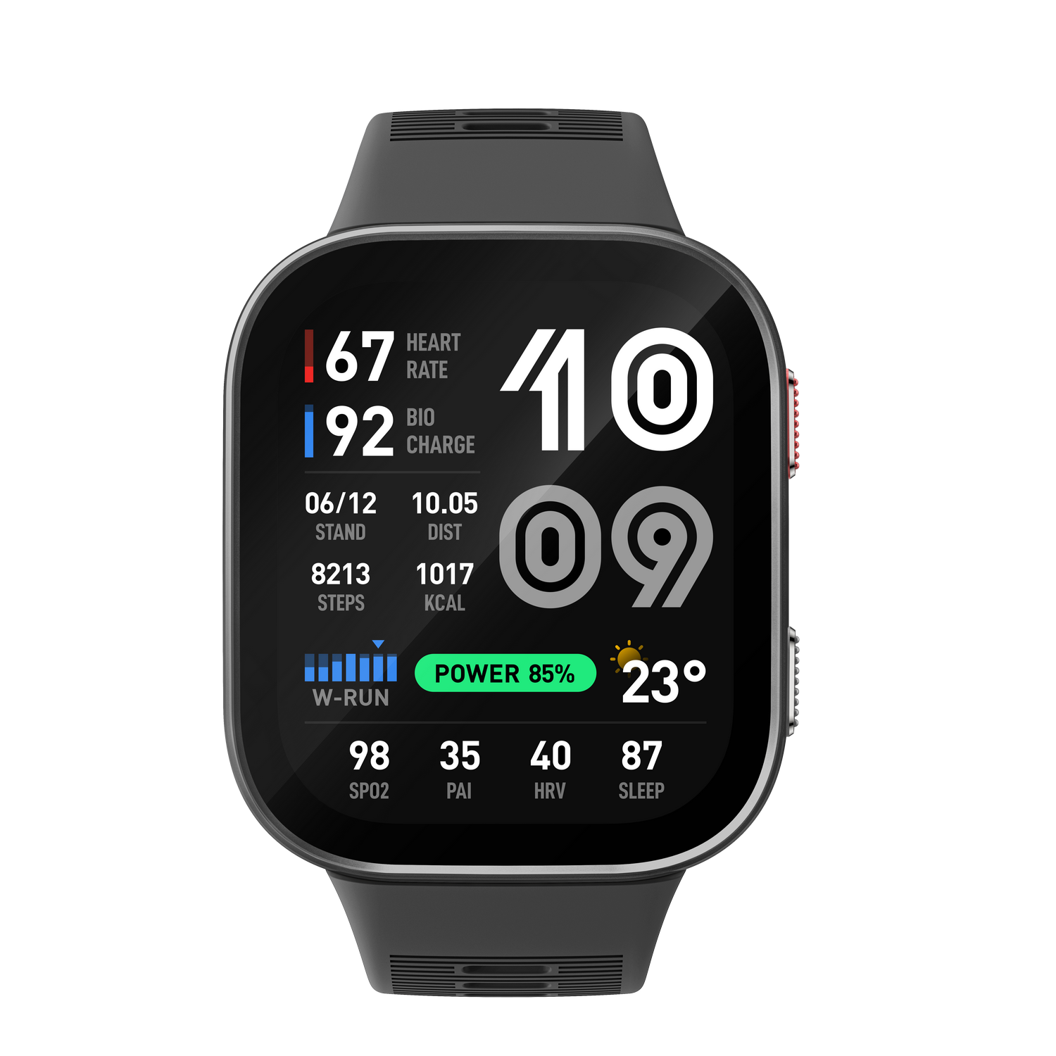 Un reloj inteligente gris muestra frecuencia cardíaca, pasos, calorías, clima y más.