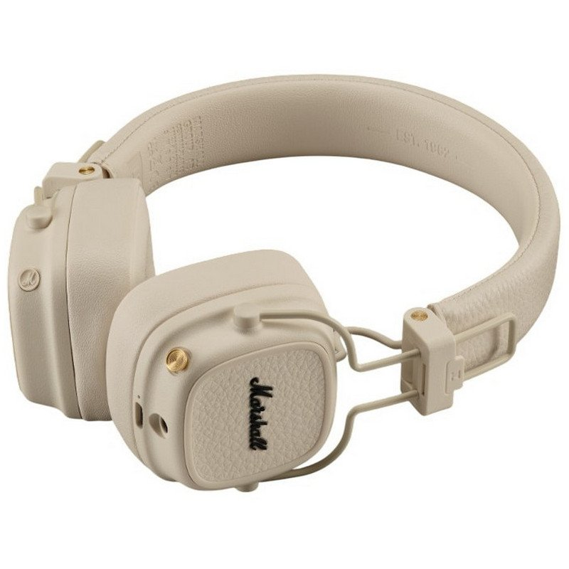 Auriculares beige con logo Marshall, sobre fondo blanco.