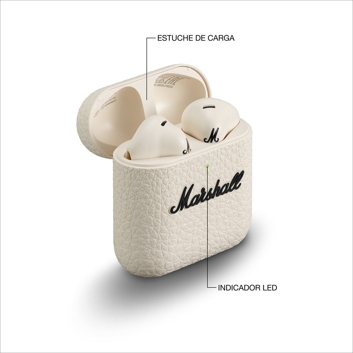 Auriculares beige Marshall en un estuche de carga abierto. Un auricular está puesto, el otro al lado.