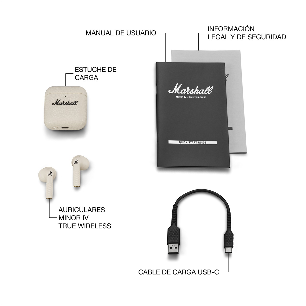 Auriculares Marshall, estuche de carga, cable y manuales.