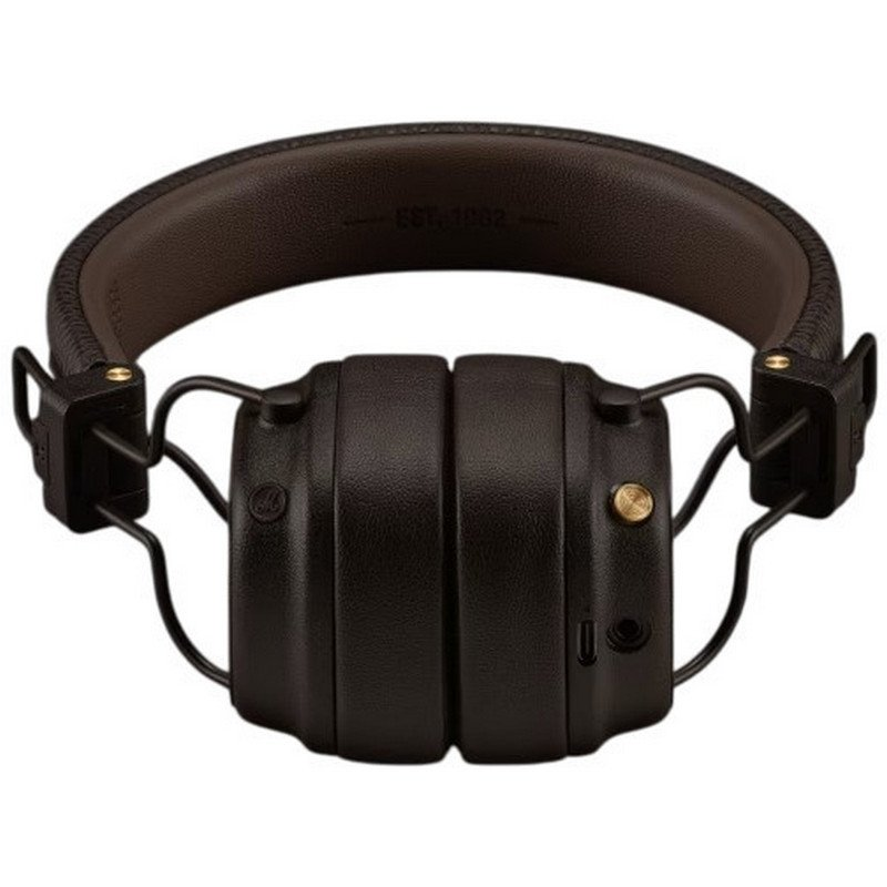 Auriculares negros circumaurales con diadema de cuero marrón y detalles dorados. EST. 1962.
