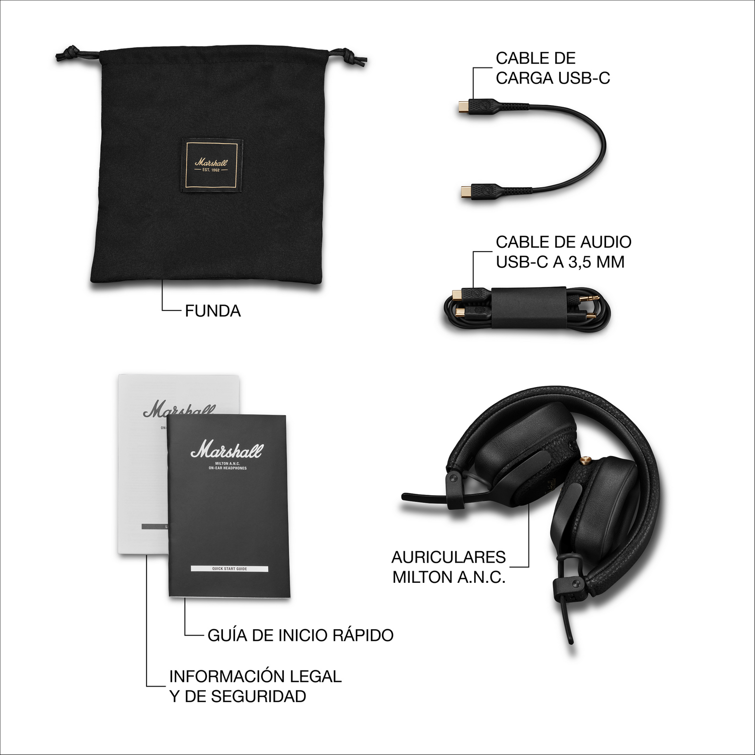 Auriculares Marshall con accesorios: funda, cable USB-C, cable audio, manual.