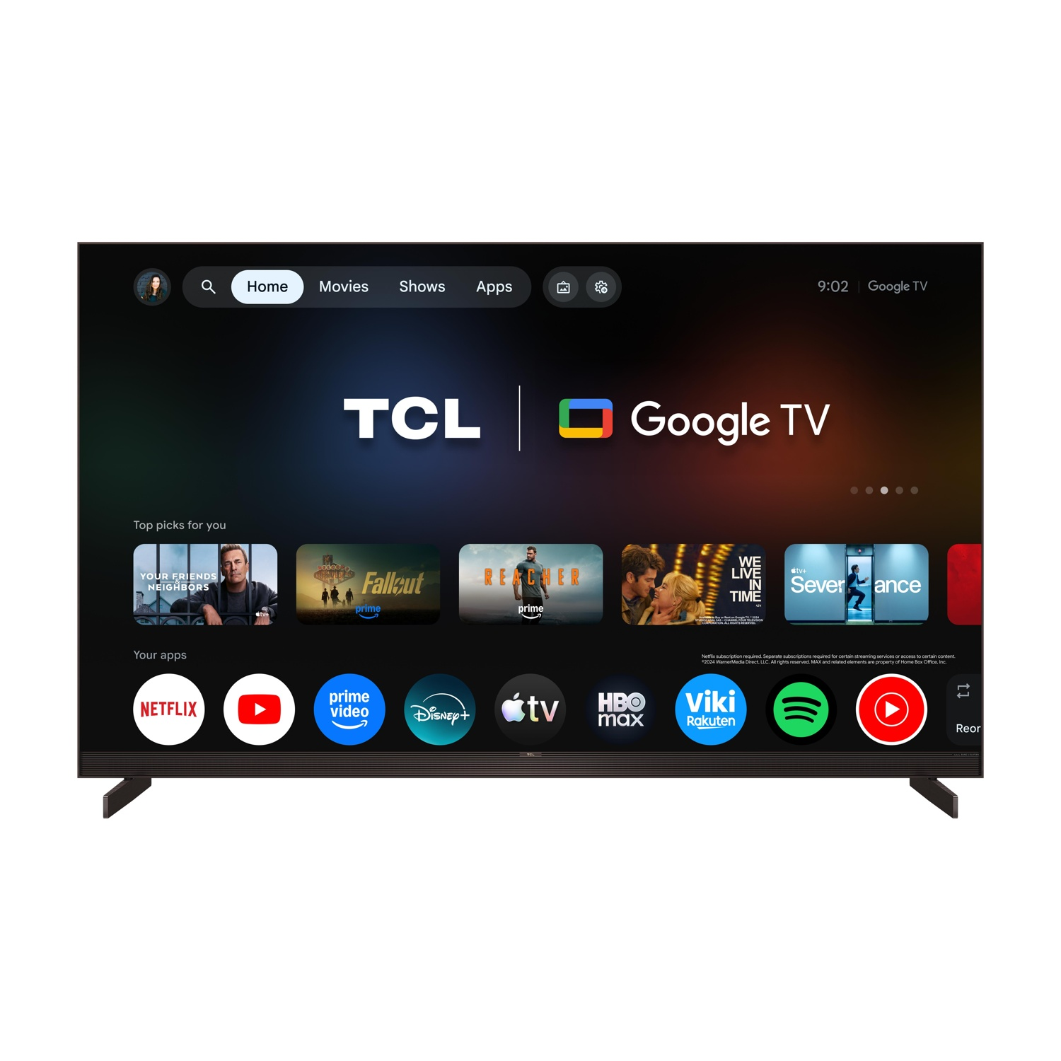 Interfaccia TCL Google TV con app come Netflix, Prime Video, Disney+ e contenuti in primo piano.