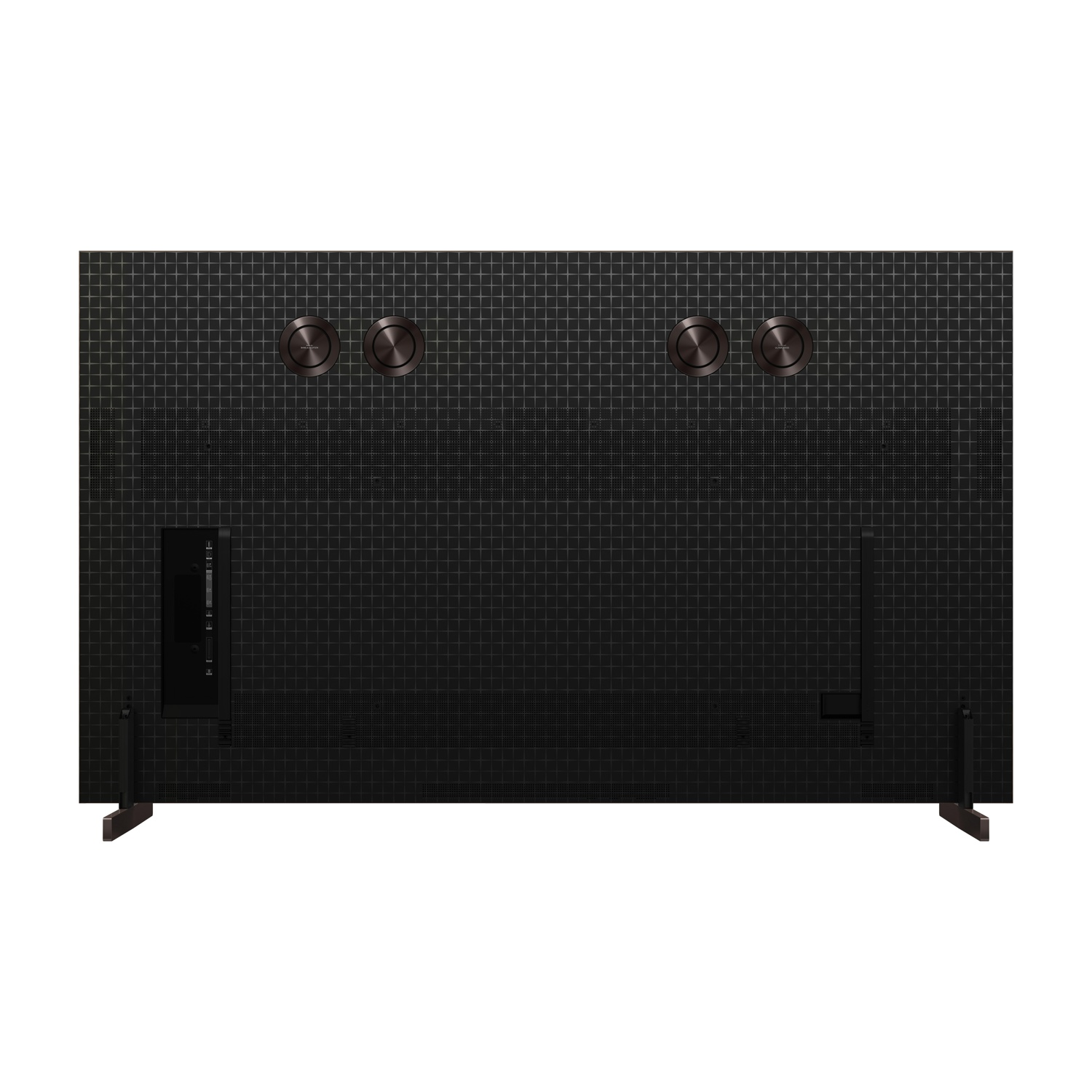 Retro di una TV nera con motivo a griglia, due altoparlanti circolari e porte.