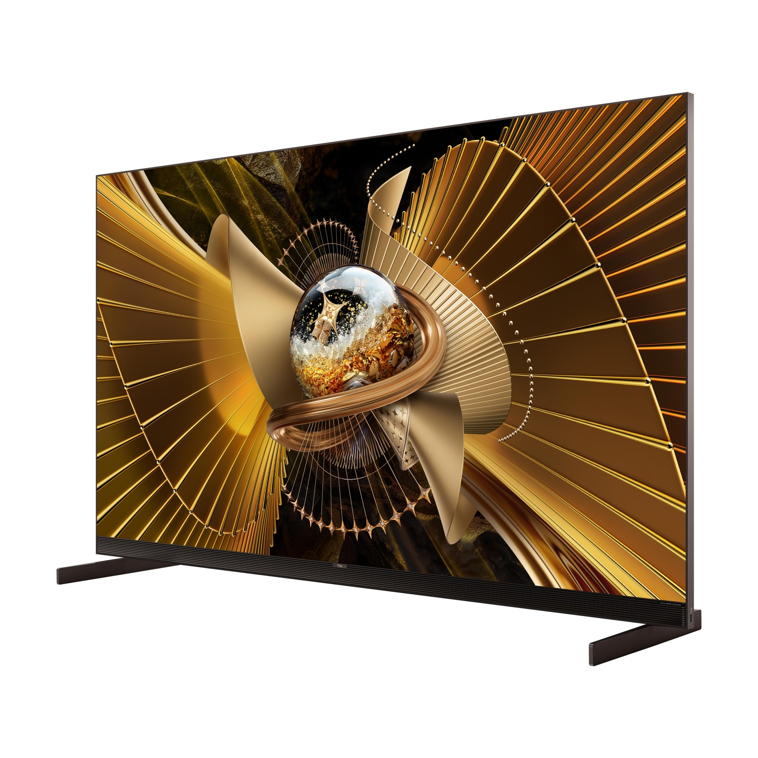 TV moderna con grafica dorata astratta e un globo di vetro. Sfondo bianco.