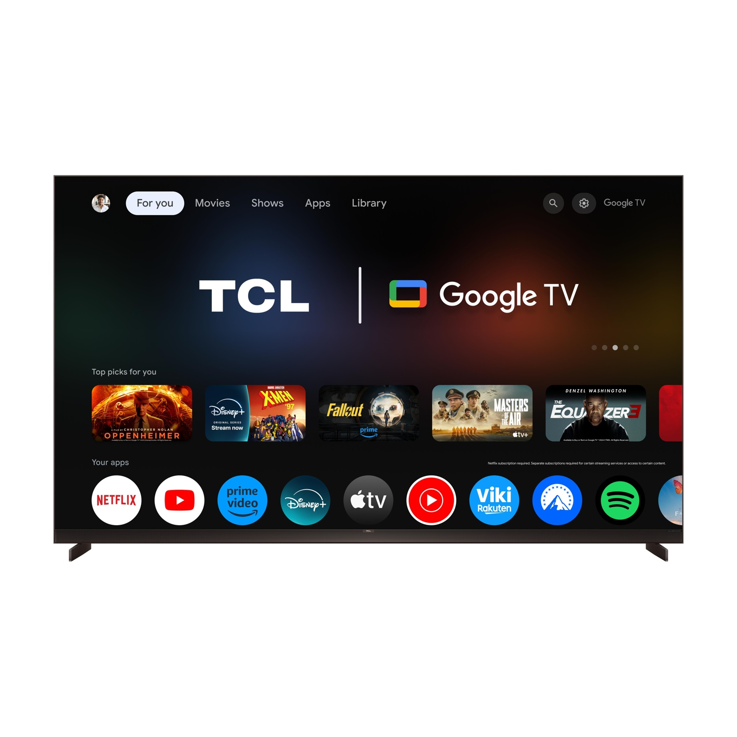 Una TV moderna mostra l'interfaccia Google TV con app e poster di film.