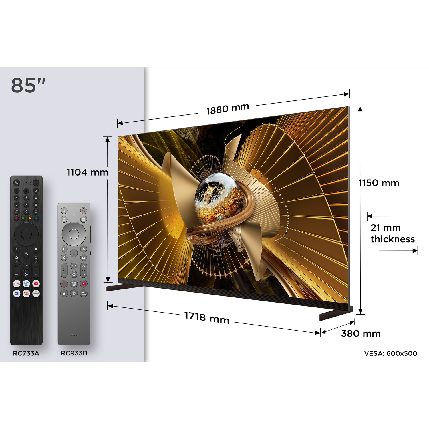TV da 85 pollici con due telecomandi e dimensioni.