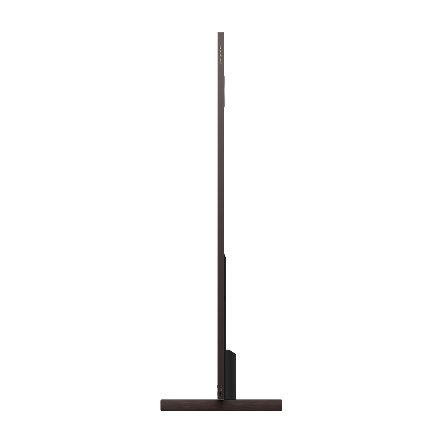 Un televisore sottile e scuro con un supporto stretto mostrato di profilo.
