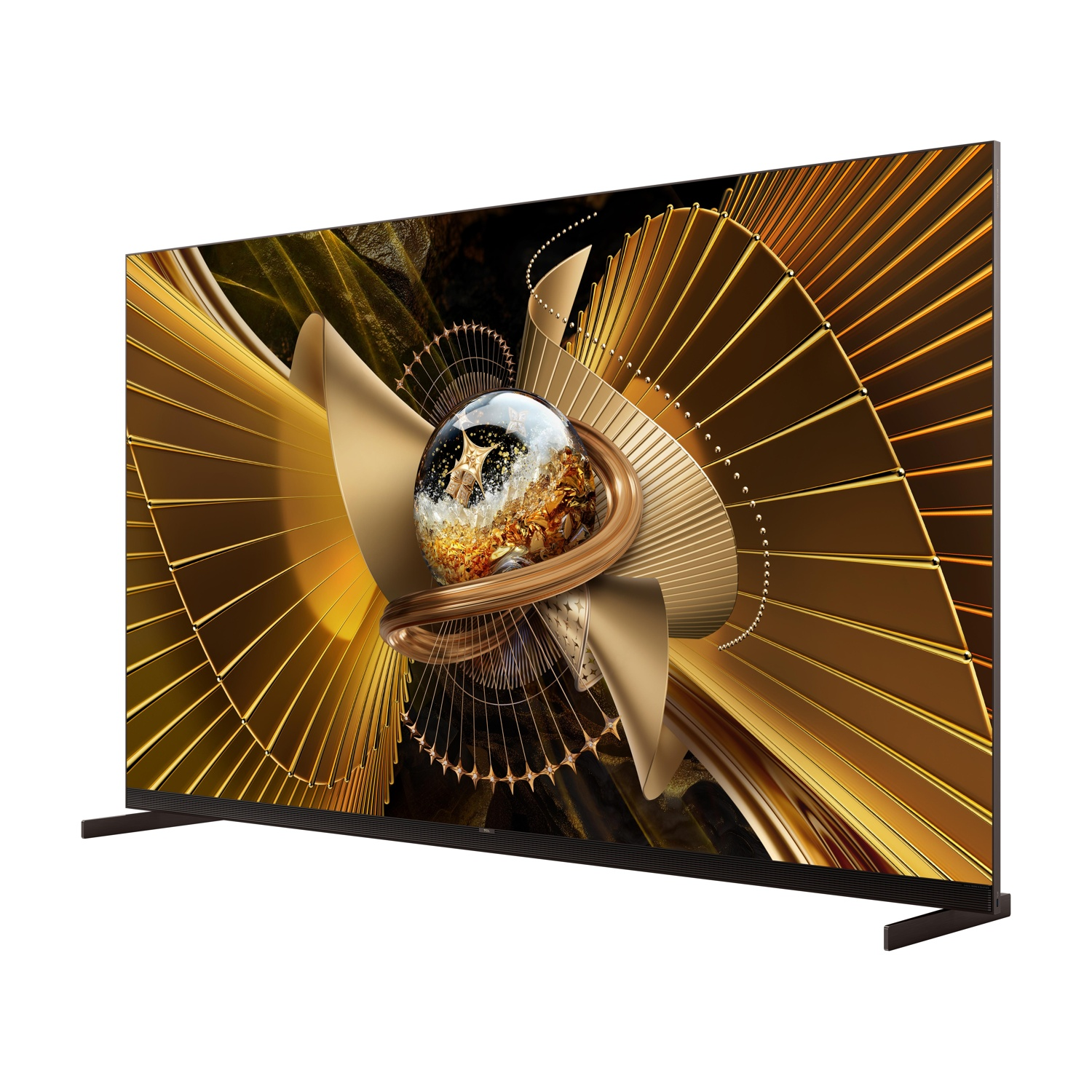 Una TV moderna con uno sfondo dorato astratto e un cristallo stilizzato al centro.
