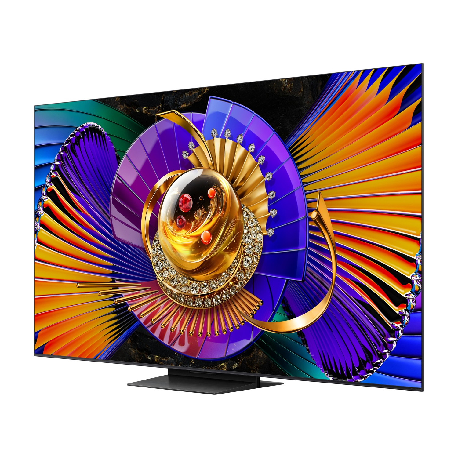 Una TV moderna con uno sfondo astratto e vibrante in giallo, arancione, viola e blu.