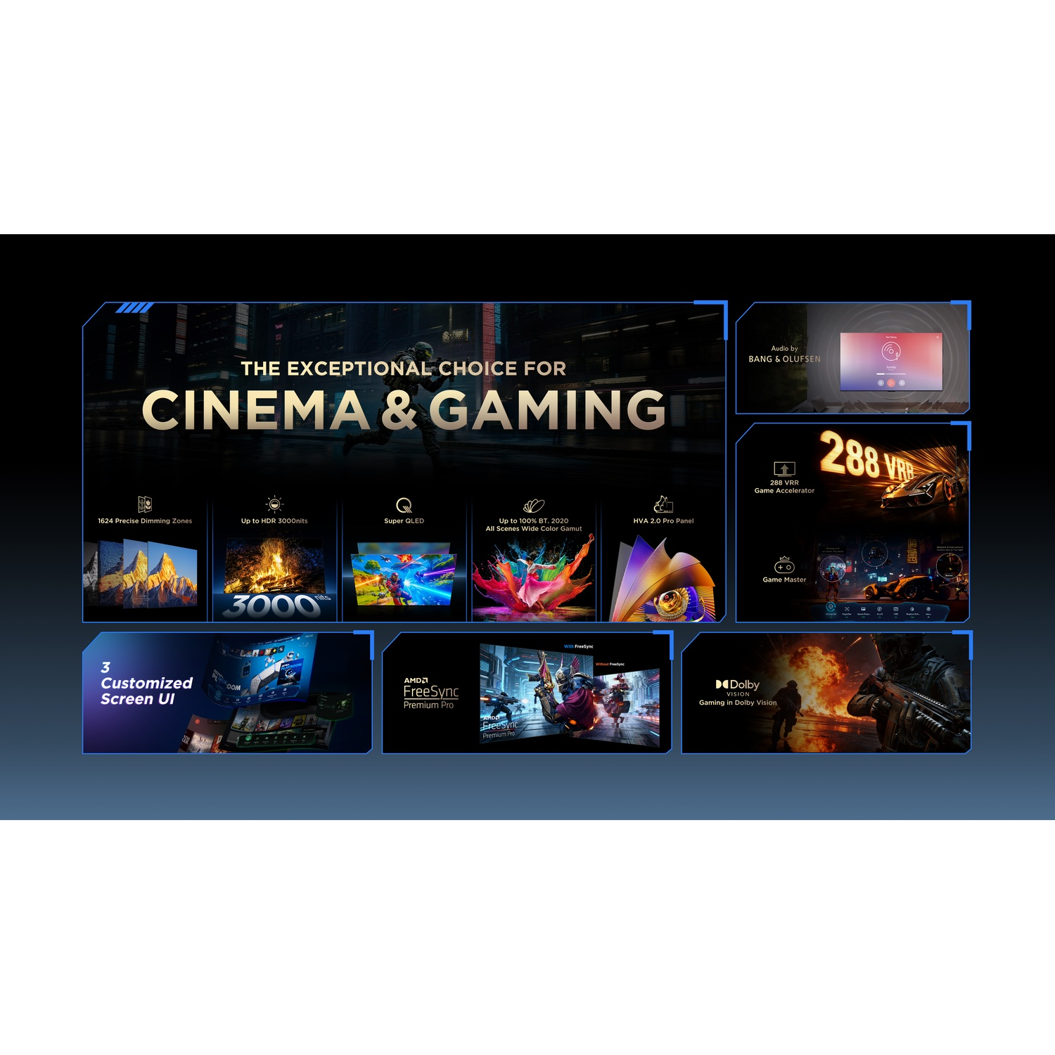 Banner promozionale per cinema e gaming, con 1624 zone di dimming, HDR 3000 nits, Super QLED e 288 VRR.