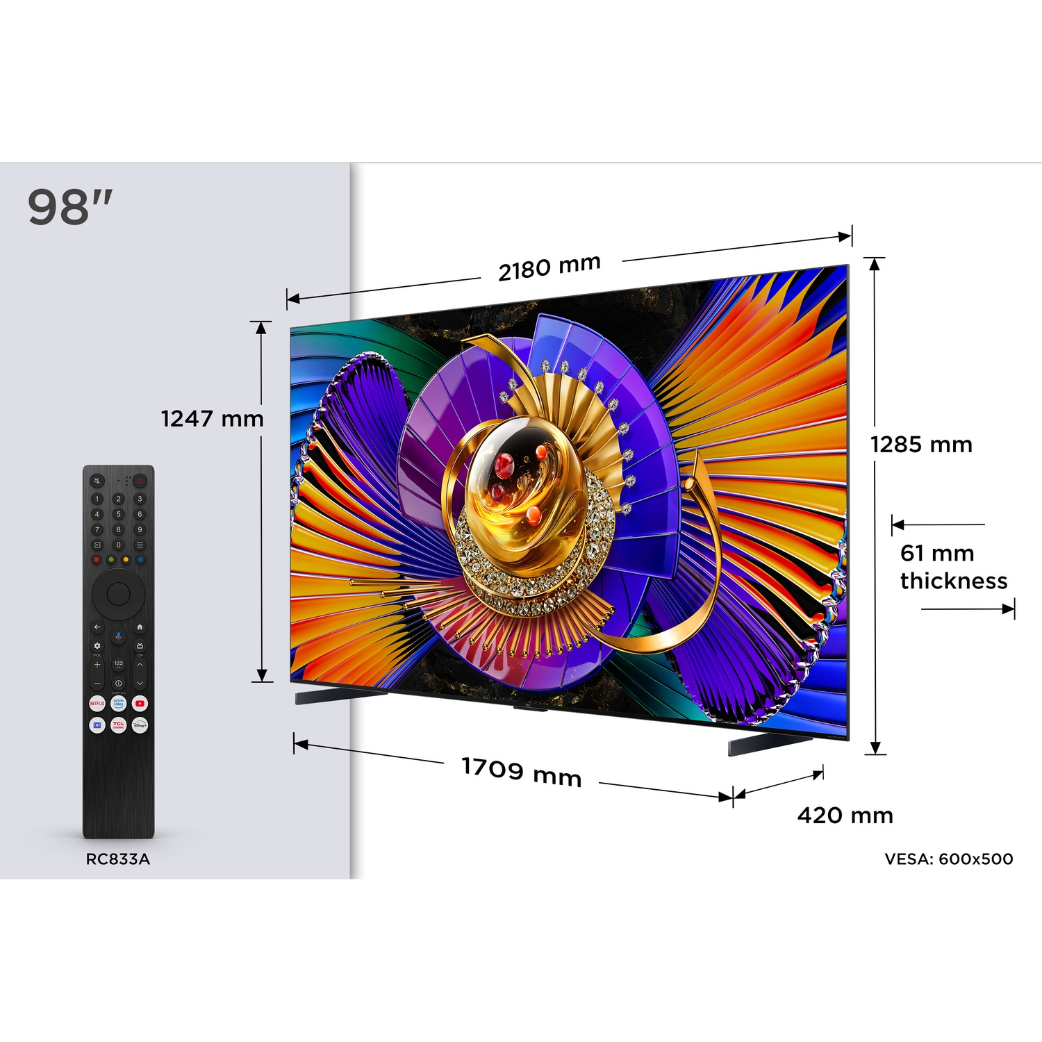 TV da 98 pollici con telecomando e dimensioni: 2180x1285mm, spessore 61mm.