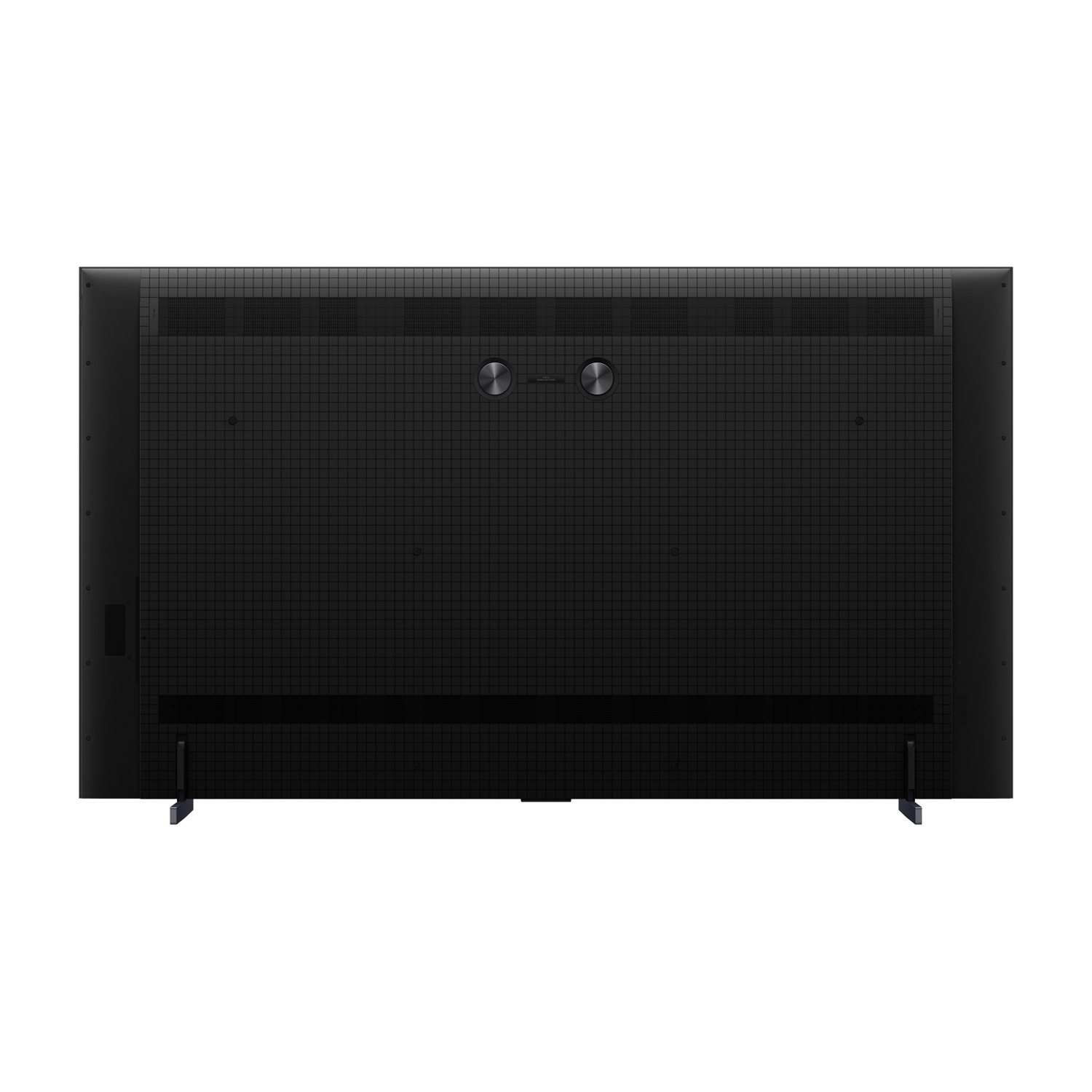 Vista posteriore di una TV nera con piedini argentati su sfondo bianco.