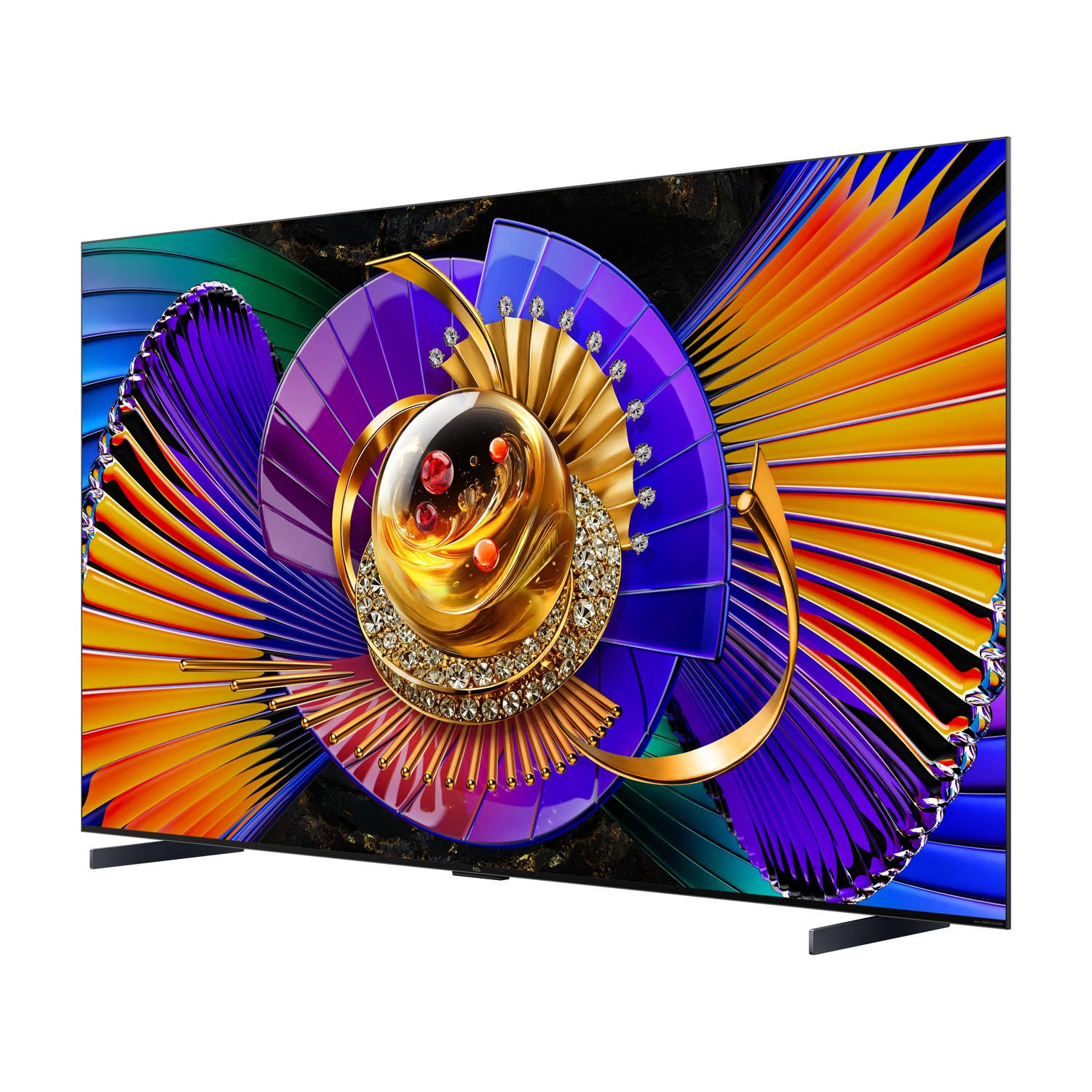 Una TV moderna con uno sfondo astratto e vibrante a forma di ventaglio.