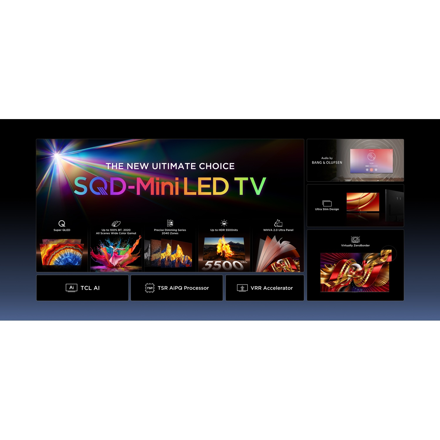 TV TCL Mini-LED con Super QLED, 5500 nits, TCL AI, Processore TSR AIPQ, VRR.