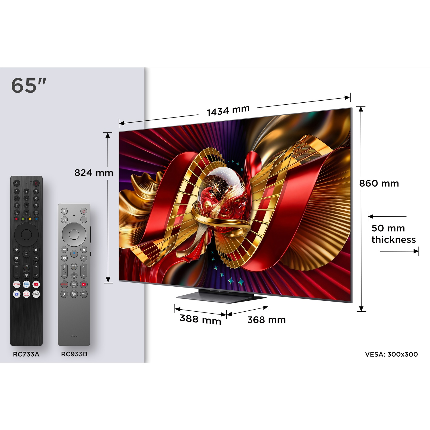 TV da 65" con due telecomandi e dimensioni dettagliate.