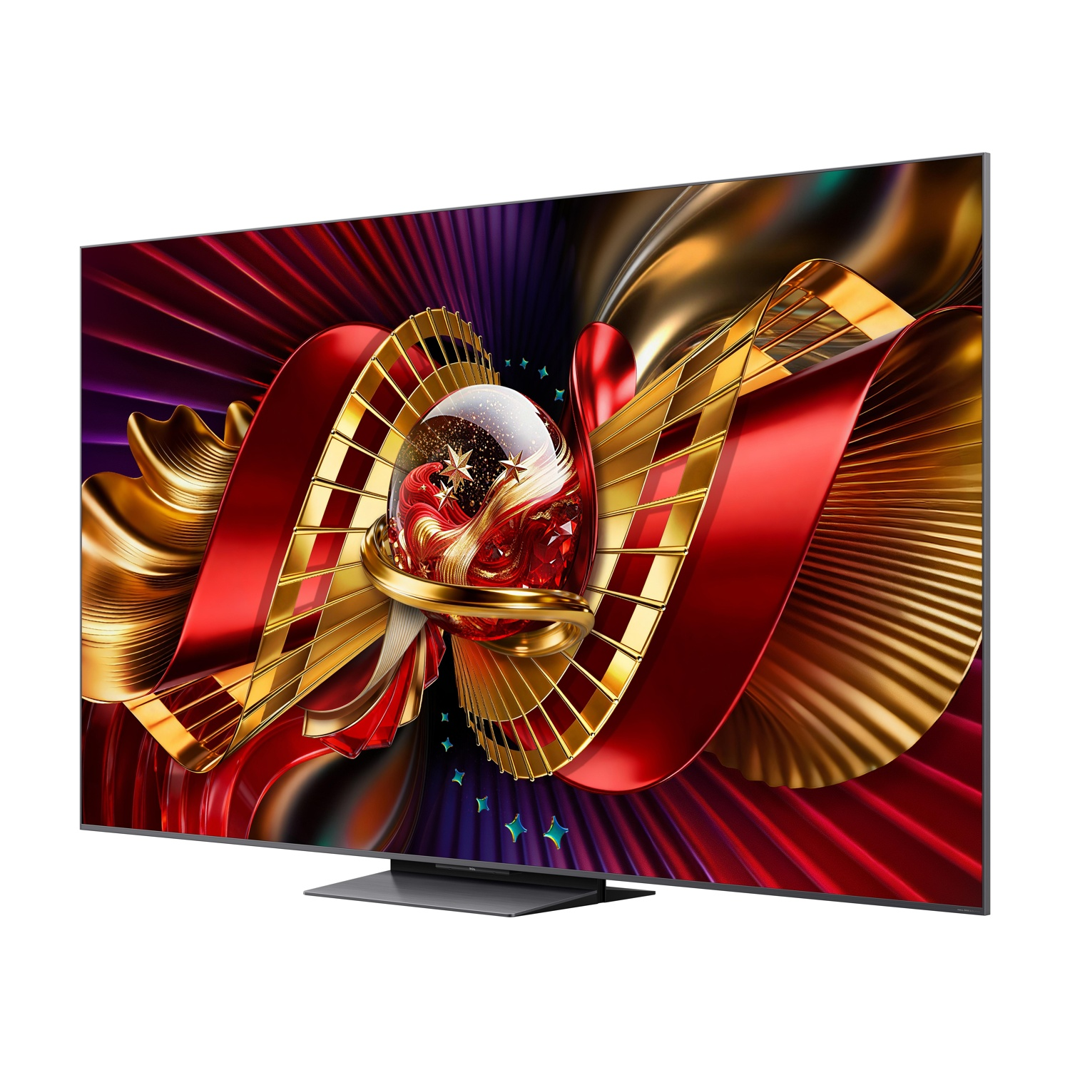 Una TV moderna mostra un'immagine astratta con nastri rossi e dorati, una sfera e pieghe viola.