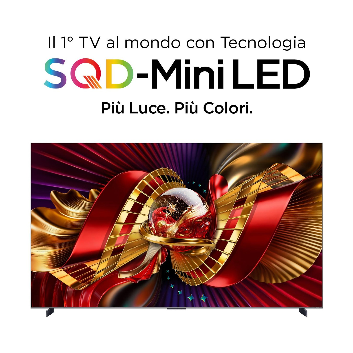 Un TV con tecnologia SQD-Mini LED mostra una grafica astratta e colorata.