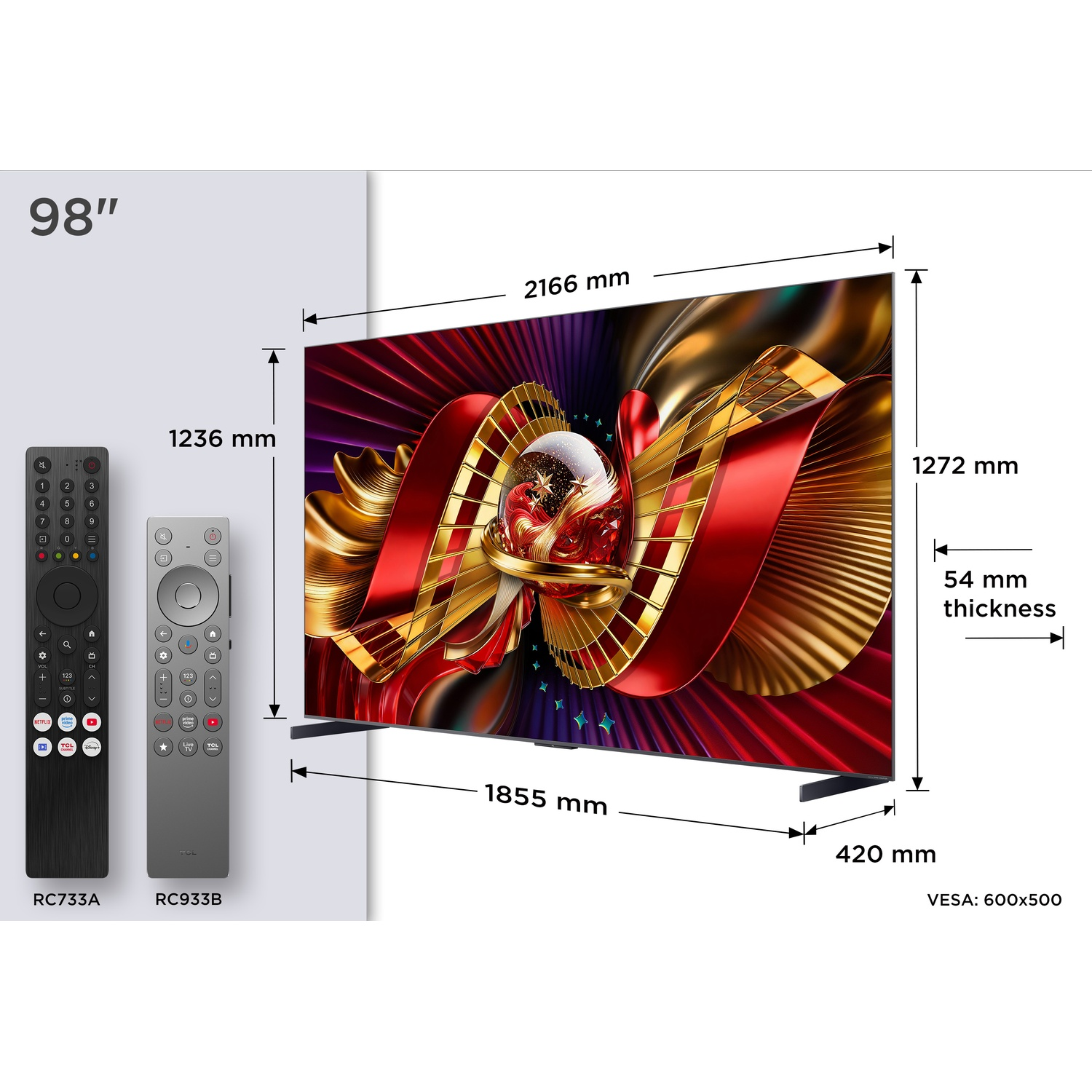 Una TV da 98 pollici con telecomandi. Dimensioni: 2166x1272x54mm.