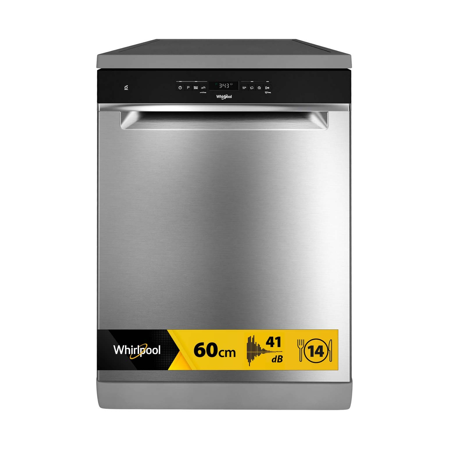 Una lavastoviglie da incasso in acciaio inox con pannello di controllo e logo Whirlpool.