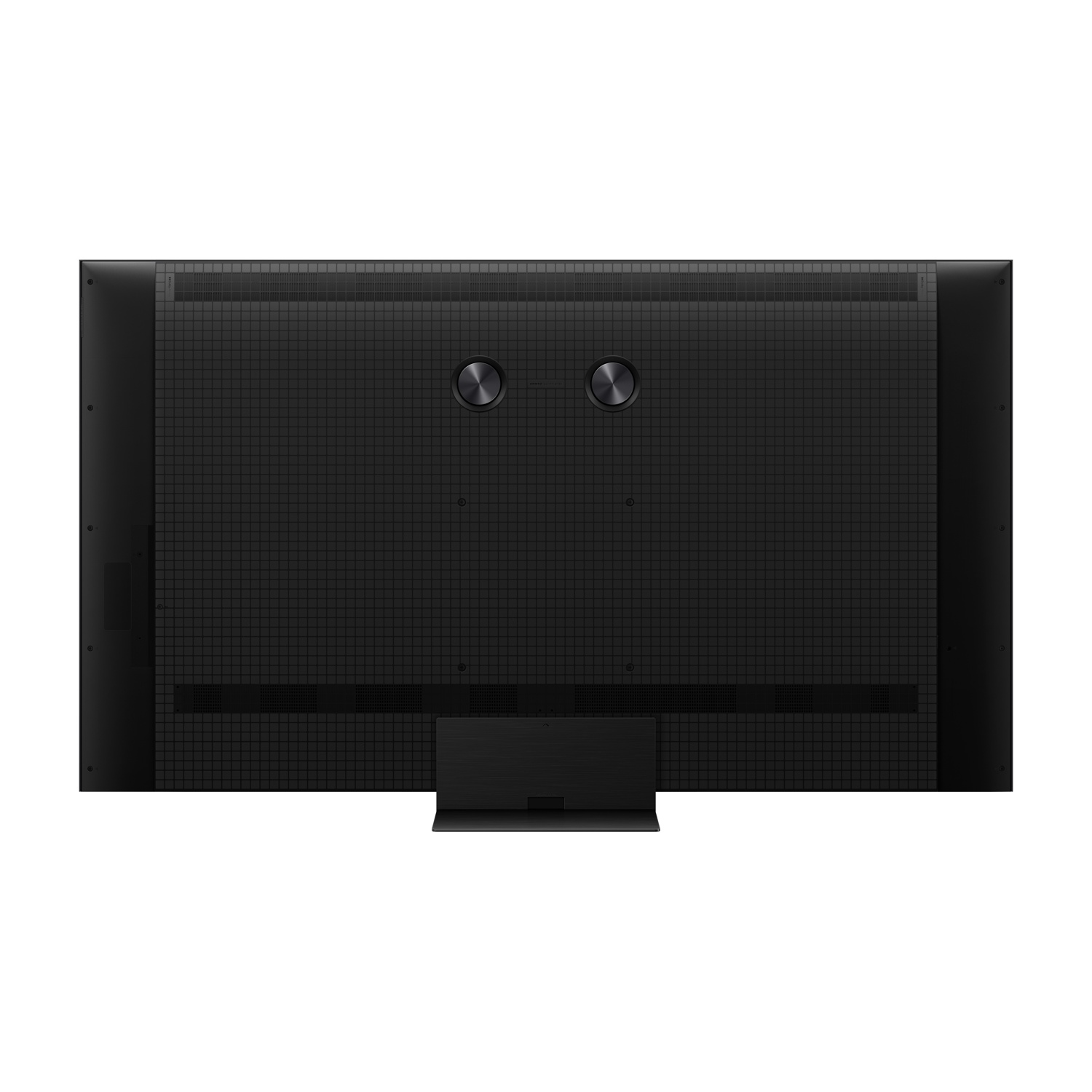 Retro di una TV nera con motivo a griglia e supporto.