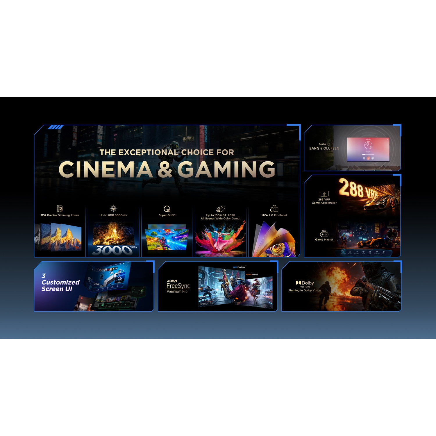 Banner promozionale Cinema & Gaming con HDR, QLED, VRR e Dolby Vision.