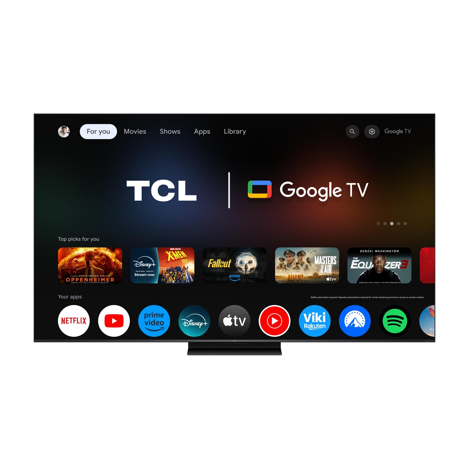 TCL Google TV con app come Netflix, YouTube, Prime Video, Disney+, Apple TV, Viki, Spotify.