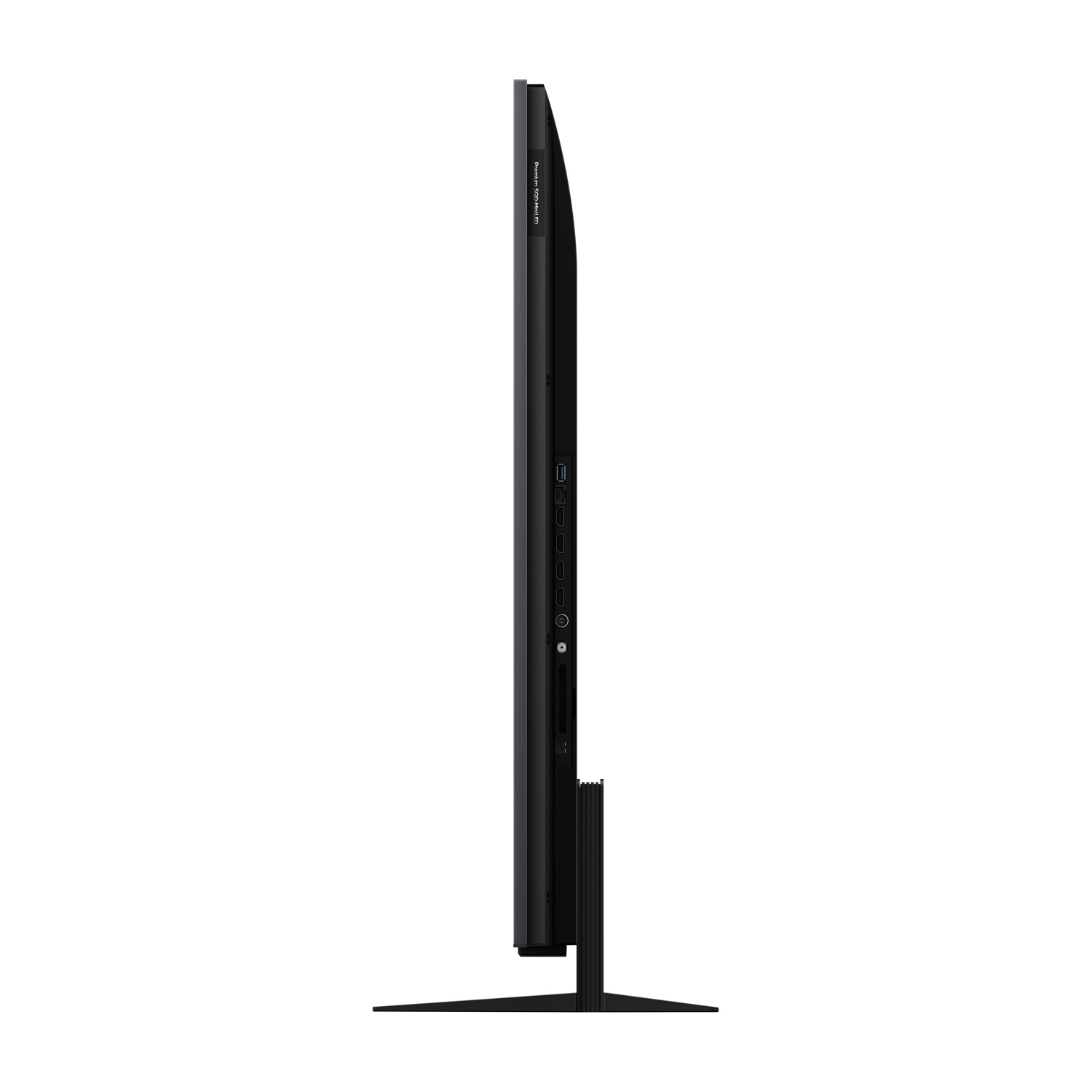 Vista laterale di una TV nera sottile su un supporto, con porte visibili.