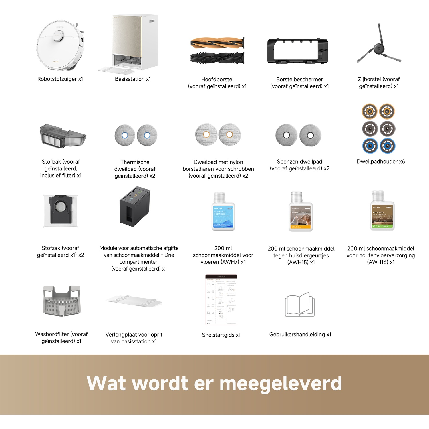 A robot vacuum, base station, brushes, dustbin, mop pads, mop holder, dust bags, module, cleaning solutions and manuals.