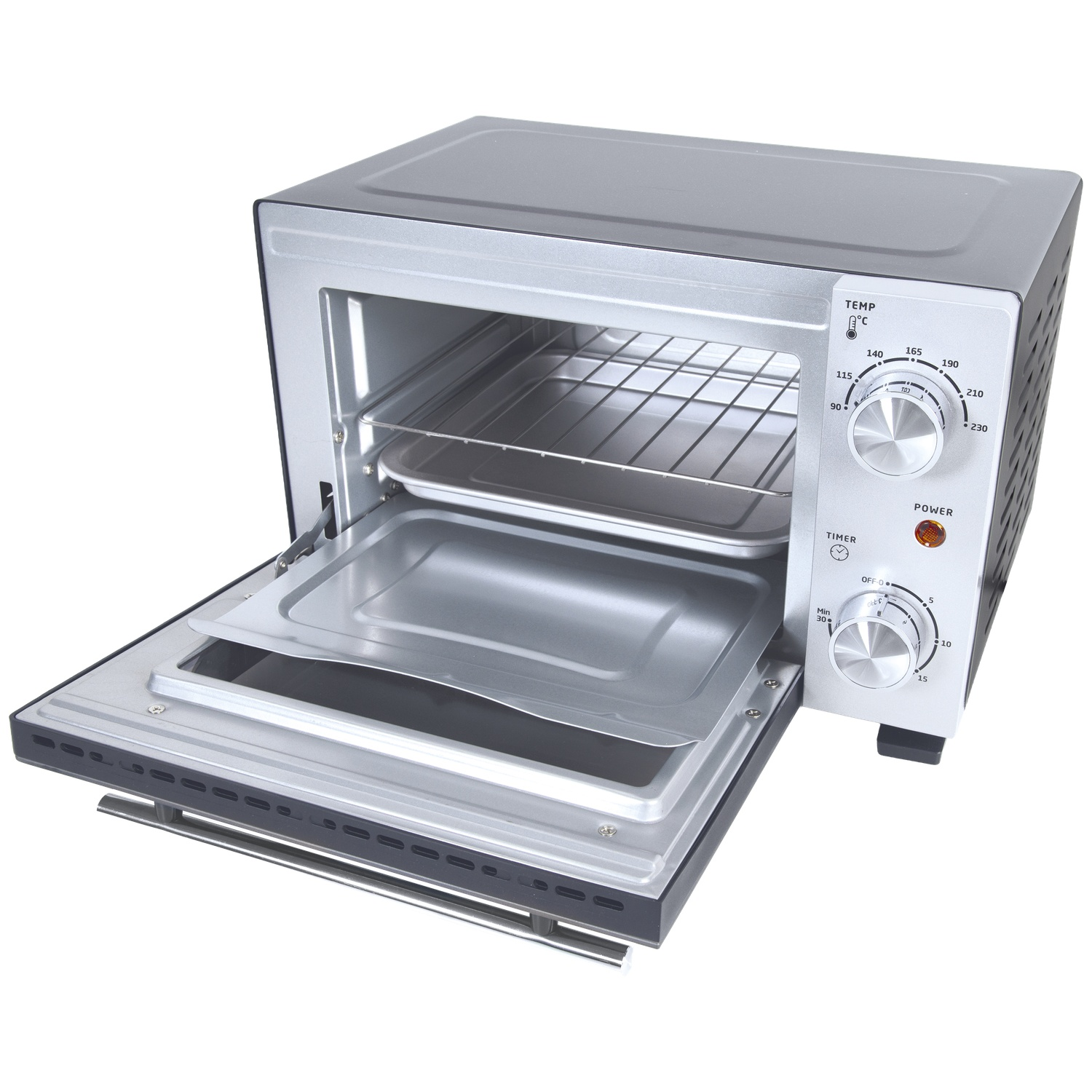 A silver countertop oven with its door open, showing a rack and baking tray inside.