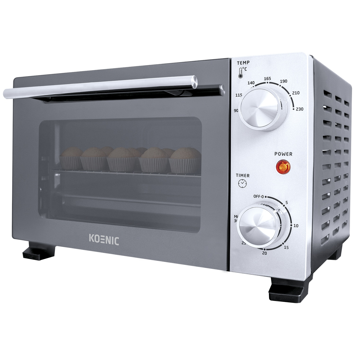 A Koenic brand mini oven with a glass door, showing cupcakes inside. It has temp and timer dials.