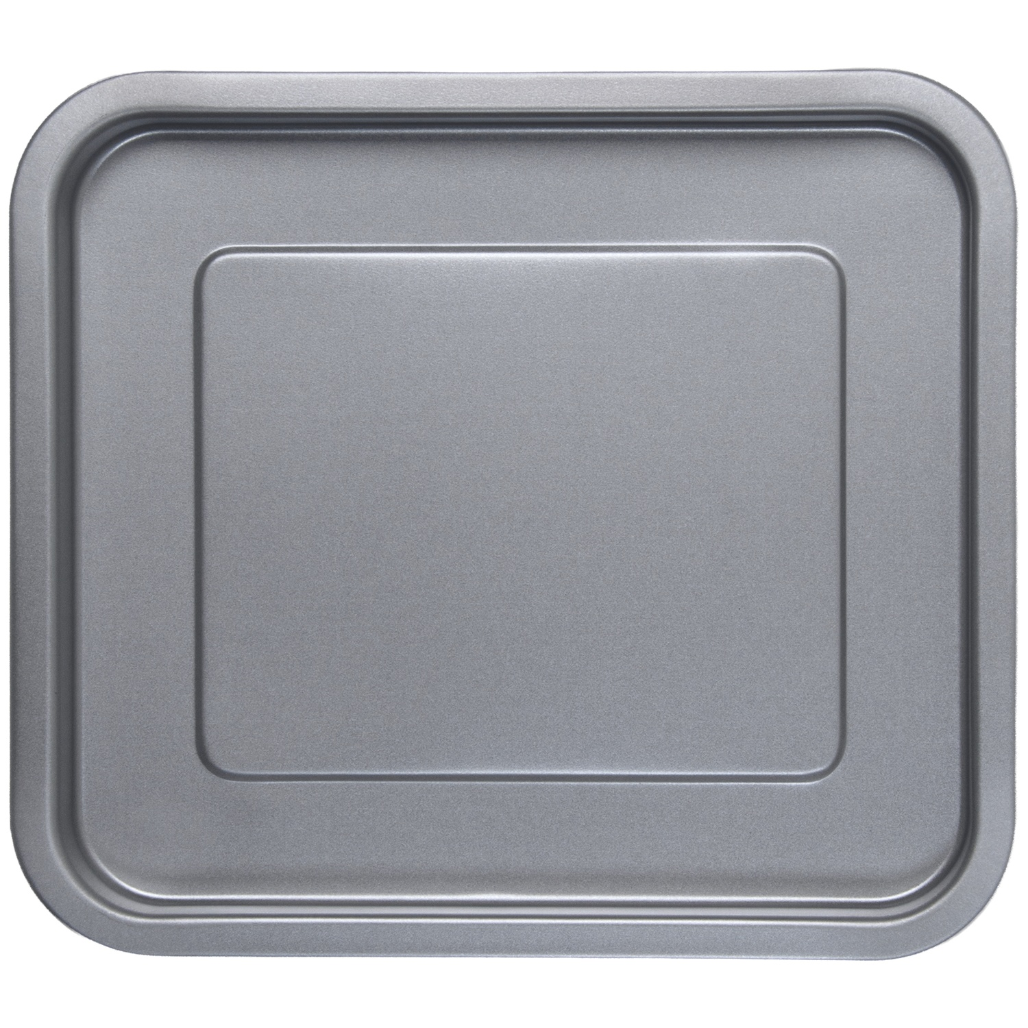 A gray, rectangular baking pan with rounded corners and a raised central section.