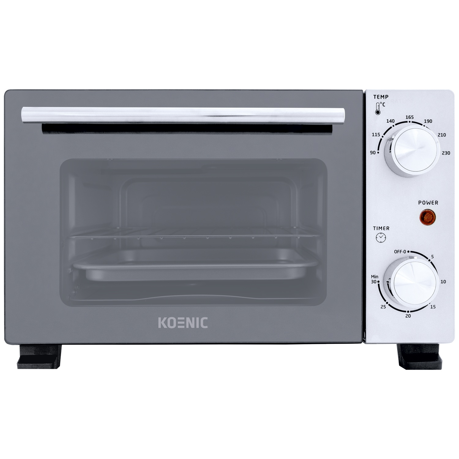 A gray Koenic toaster oven with silver controls and a glass door.