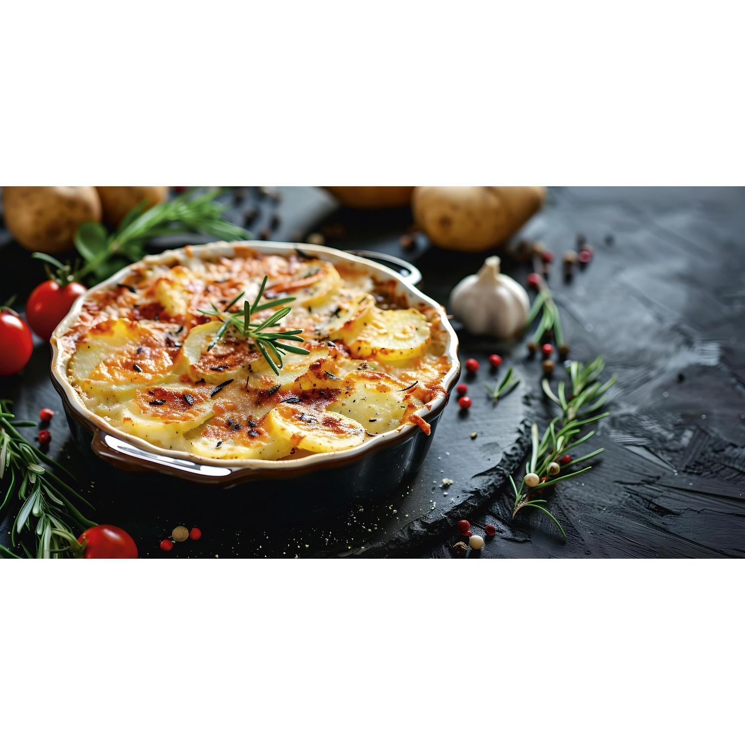 Scalloped potatoes in a baking dish with rosemary, tomatoes, garlic, and peppercorns.