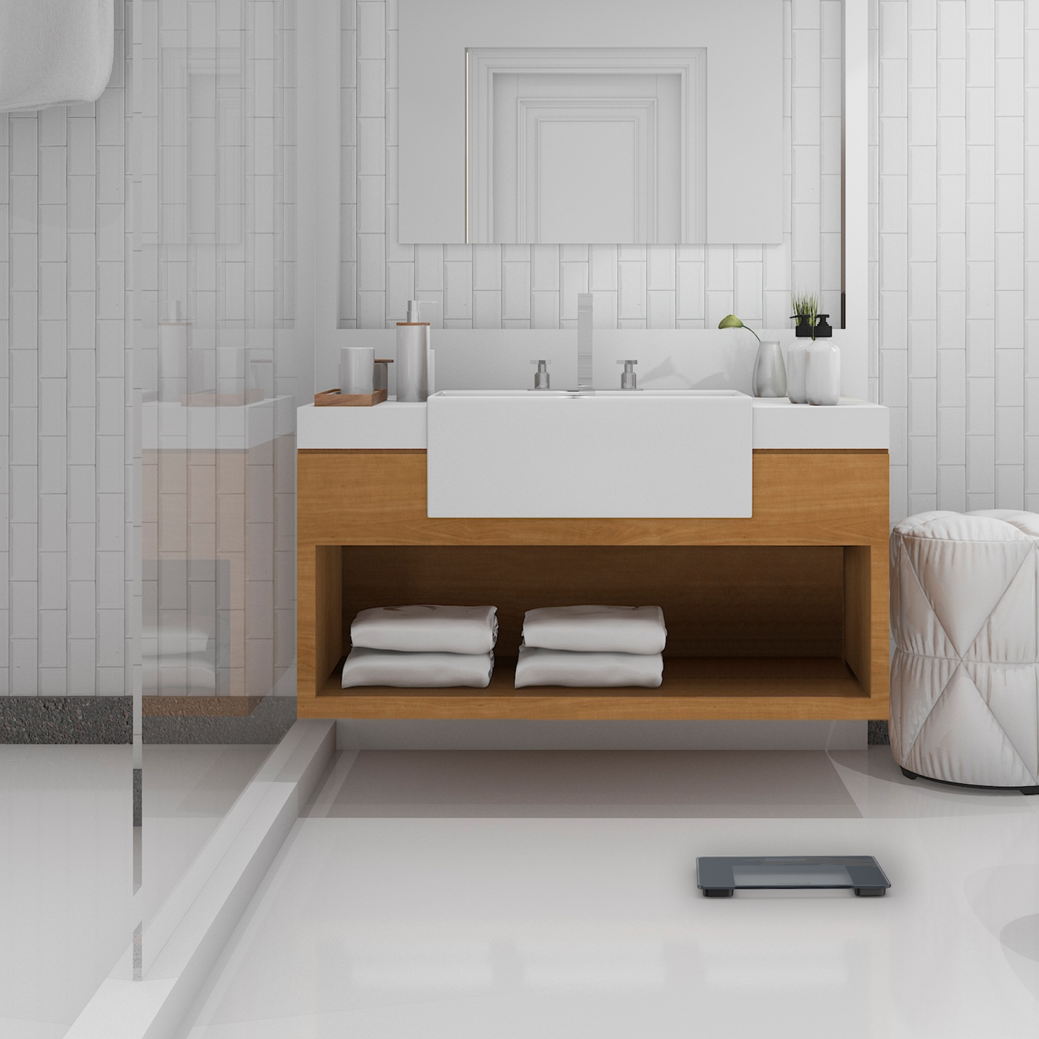 Moderne badkamer met douche, wastafel en spiegel.