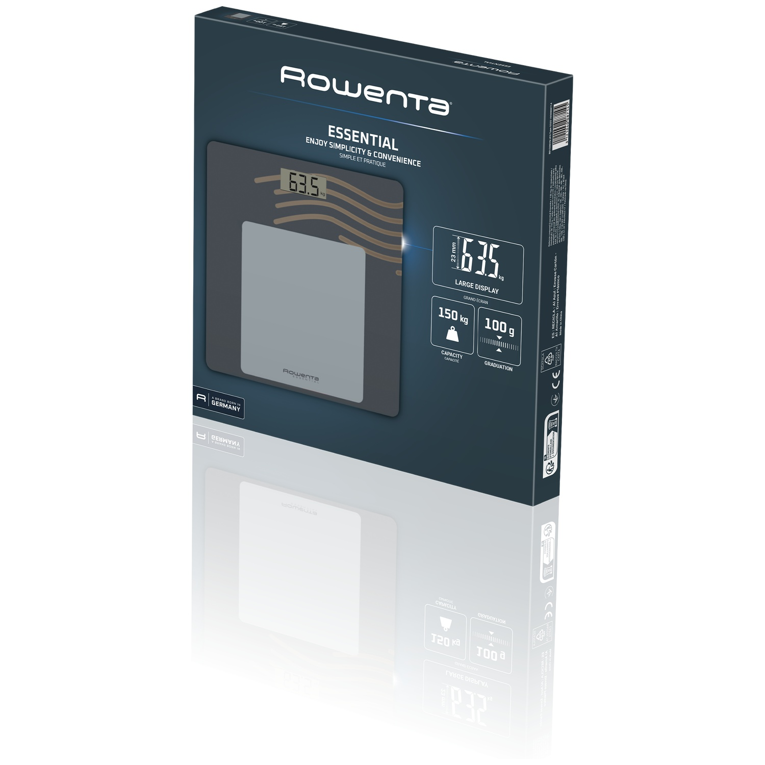 Rowenta Essential weegschaal verpakking met weegschaal afbeelding en productspecificaties.