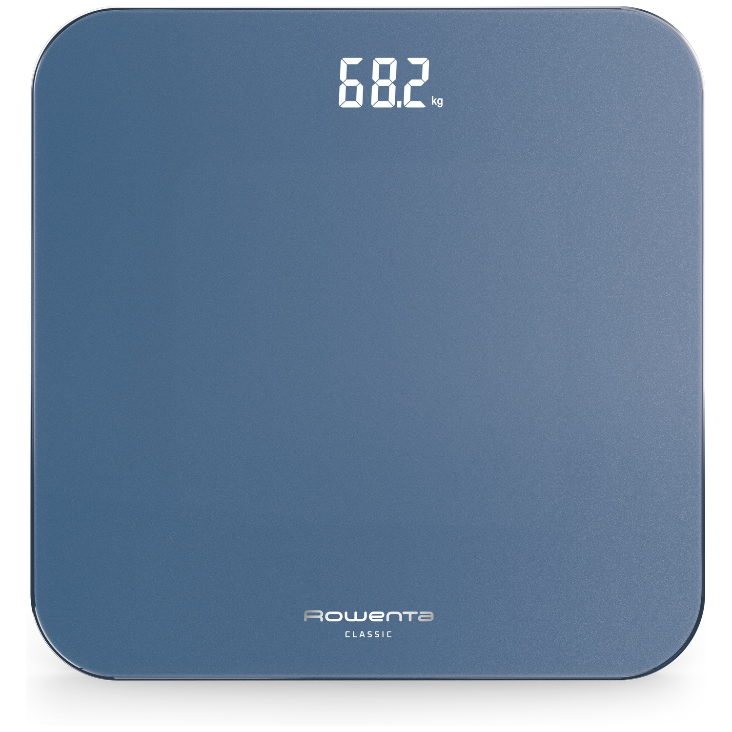 Une balance numérique bleue affichant 68,2 kg.
