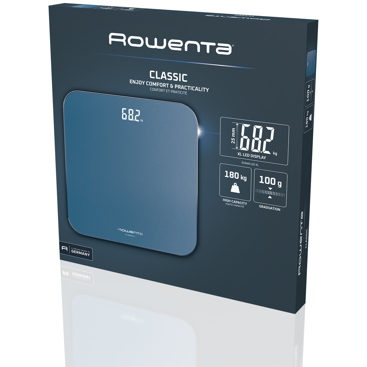 Balance Rowenta Classic avec écran LED XL, capacité 180 kg, fabriqué en Allemagne.