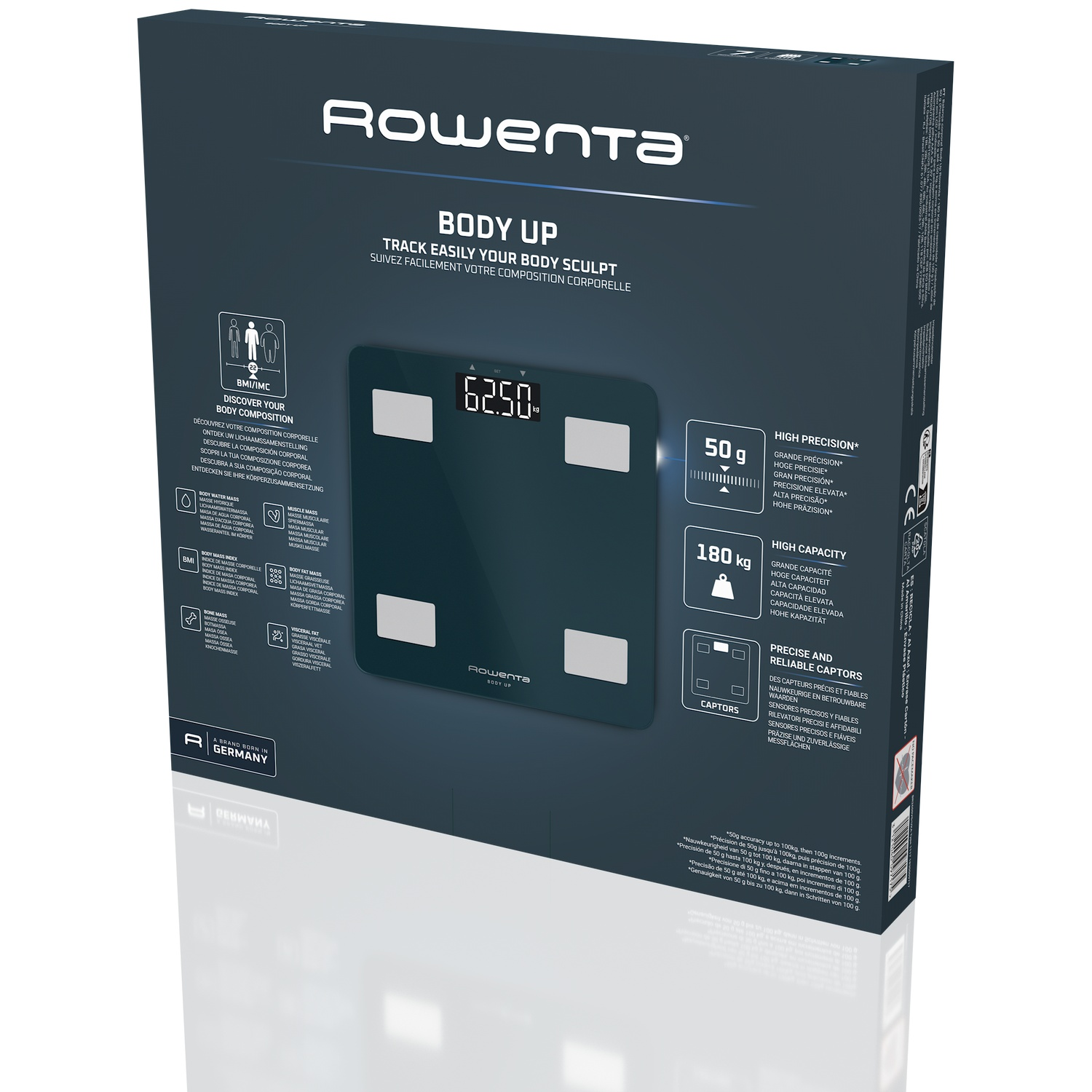 Rowenta personenweegschaal verpakking met details lichaamscompositie metingen.