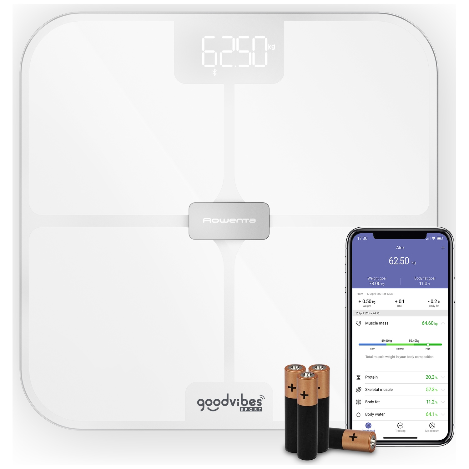 Witte Rowenta weegschaal met 62,50 kg, met smartphone en batterijen.