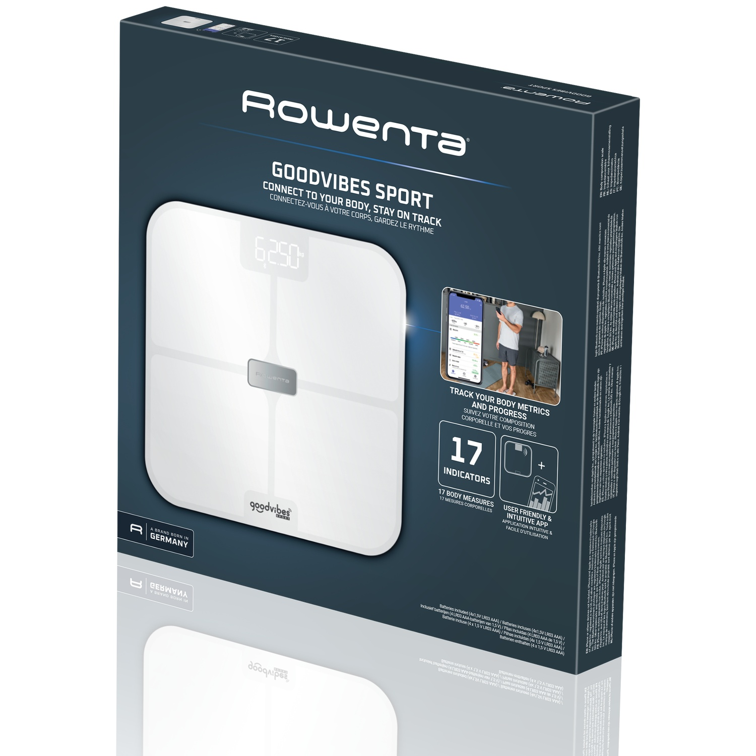Rowenta Goodvibes Sport weegschaal verpakking met weegschaal en app-interface.