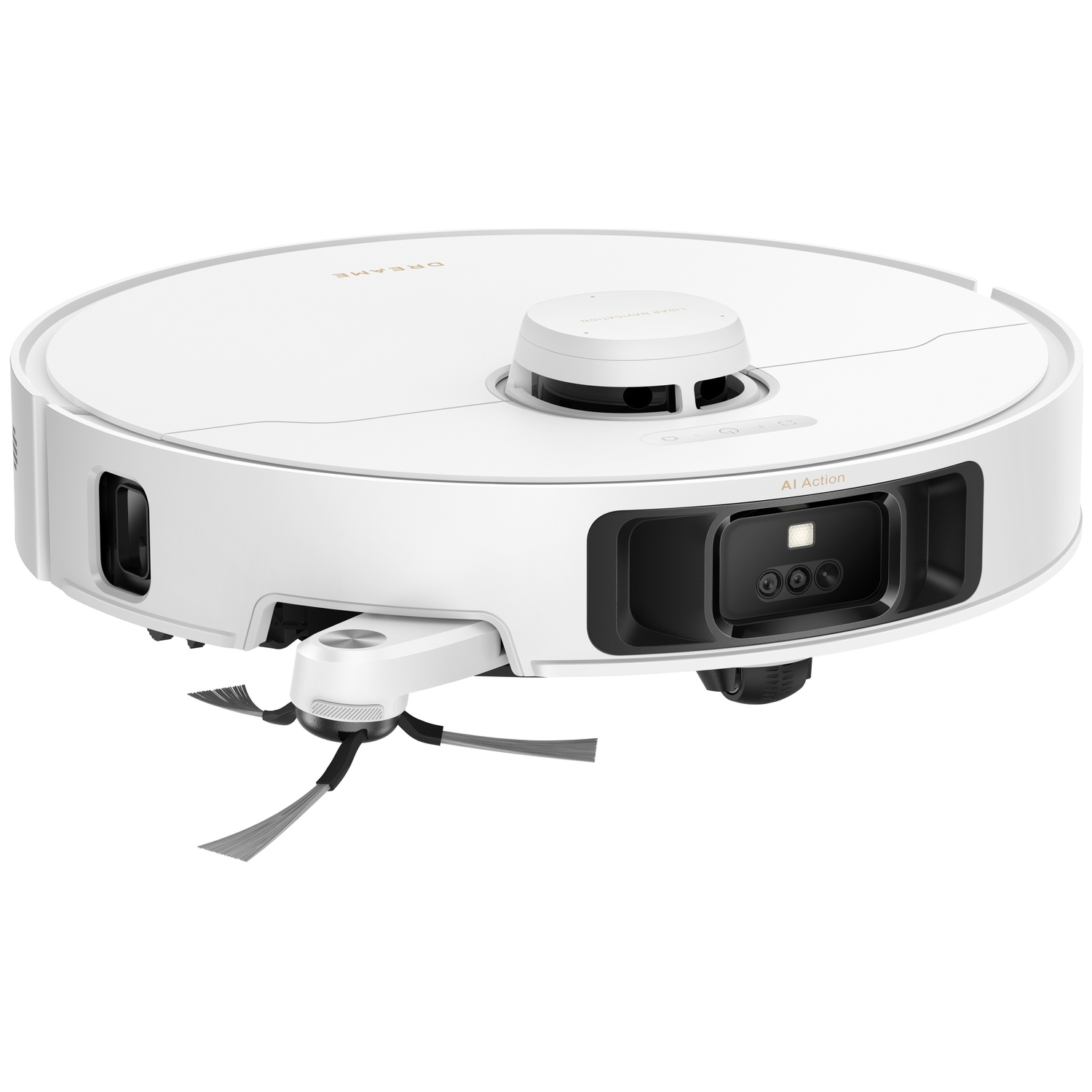 A white robot vacuum with two brushes on the front.
