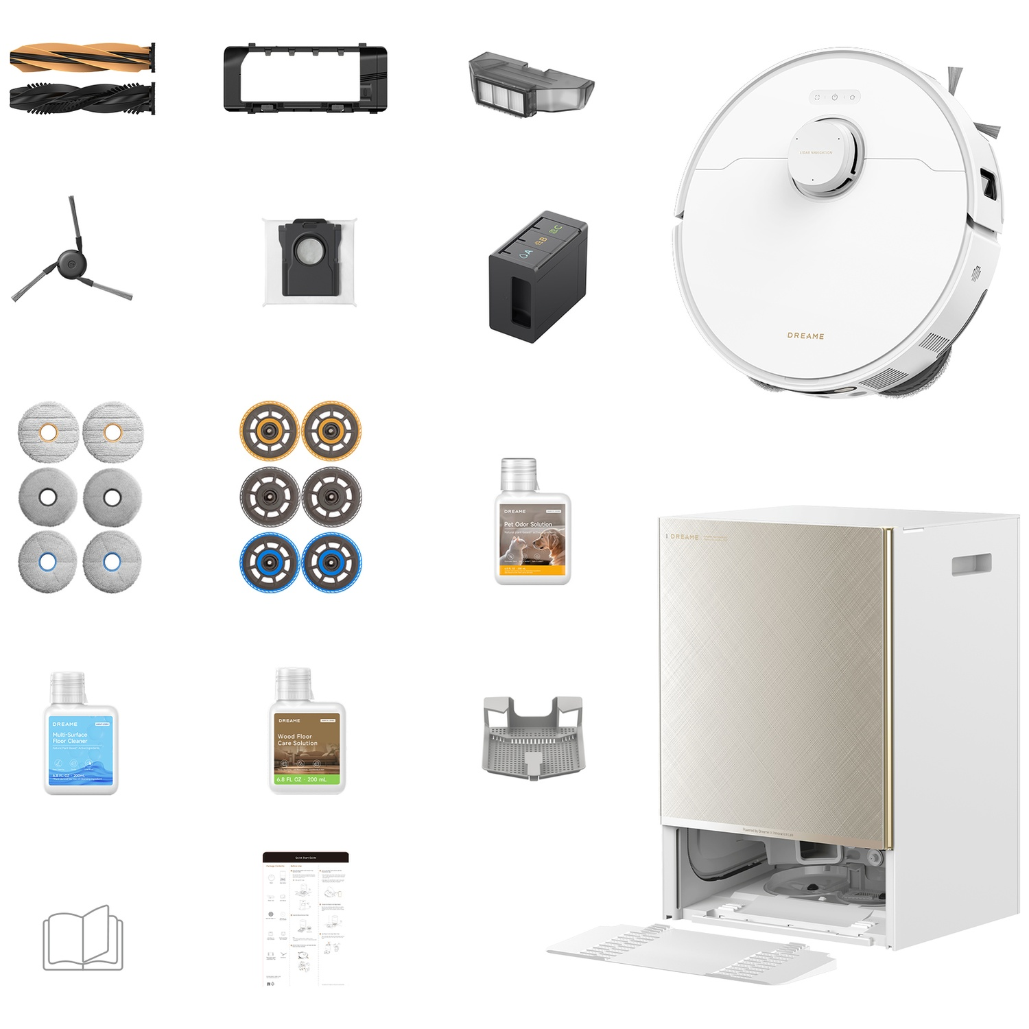 White robot vacuum station with accessories including brushes, mops, and cleaning solutions.